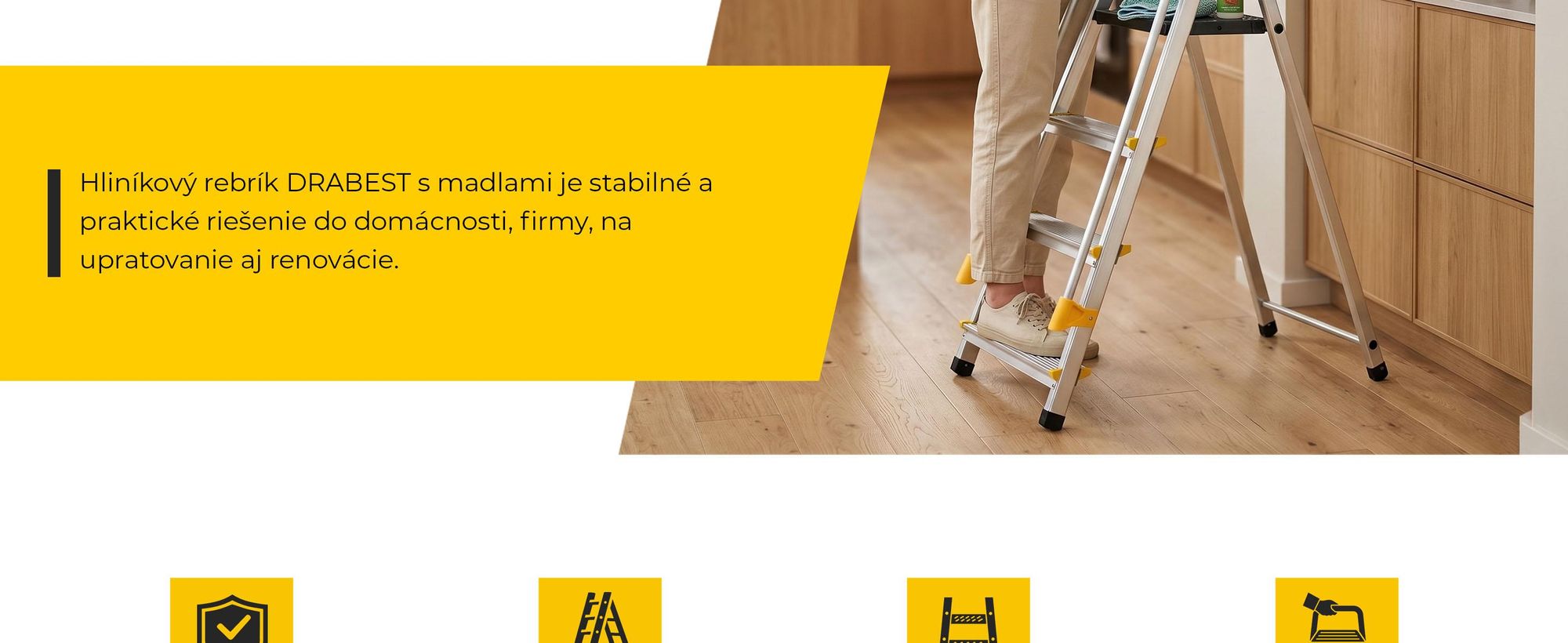 Drabest | Rebrík - 4 stupne, nosnosť 150 kg - rebrík so zábradlím, hliníkový rebrík, protišmykové nohy, rebrík, skladací rebrík