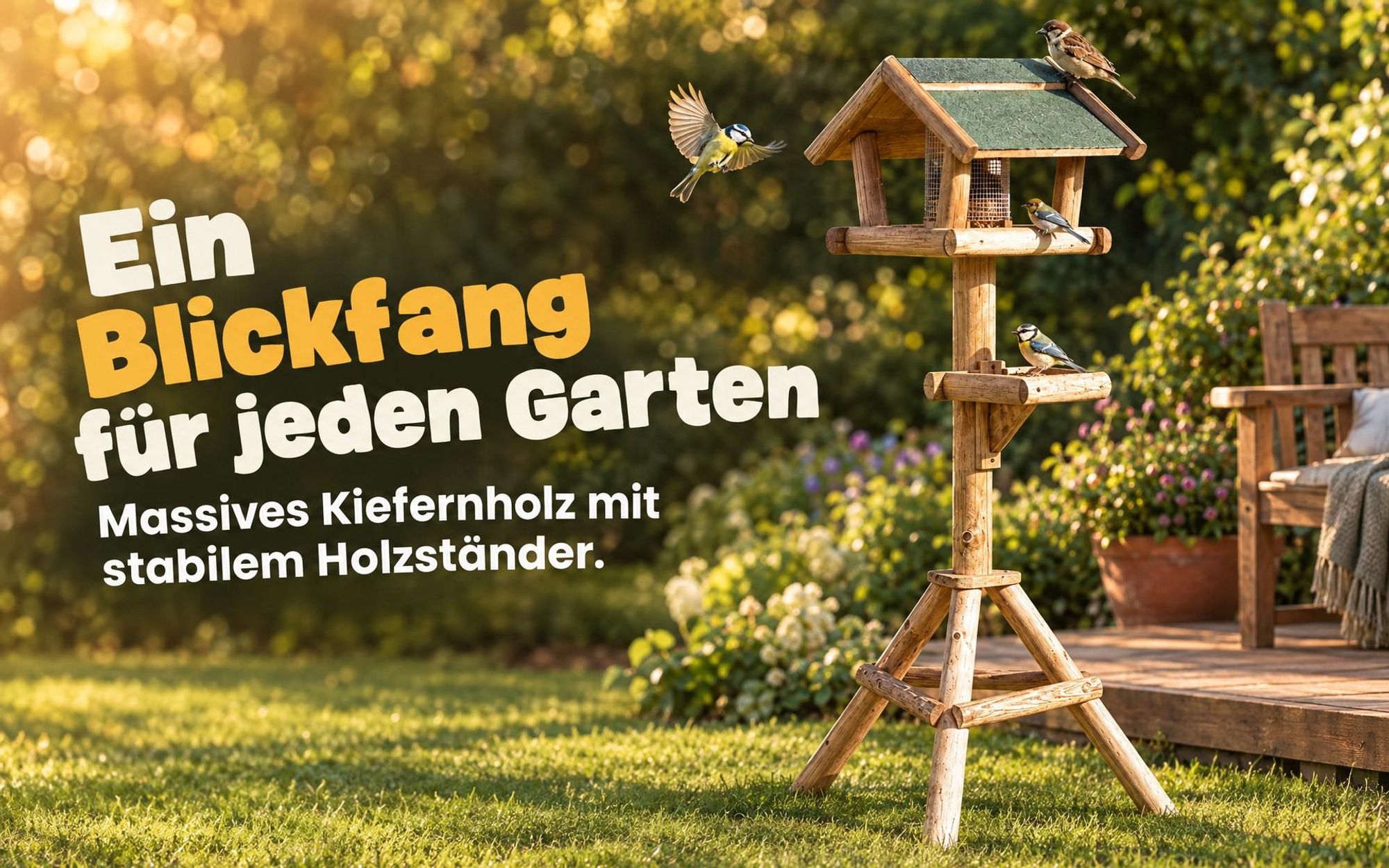 Vogelhaus mit Holzständer als Blickfang im Garten neben Terrasse und Beet