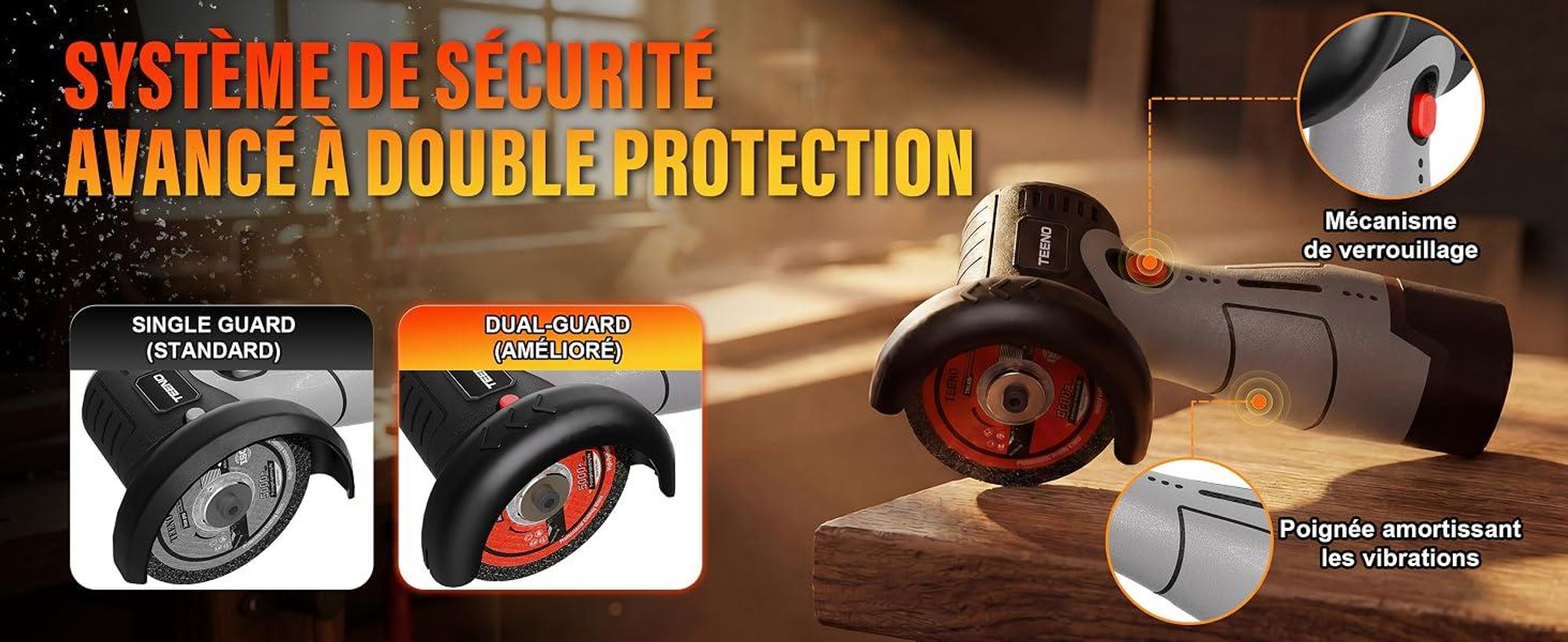 TEENO Meuleuse d'Angle Sans Fil Brushless 16,8V 76mm 19500 tr/min Moteur 800W, Écran LED, 2 Batteries 2000mAh, 6 Disques & Coffret. Couper, Poncer.