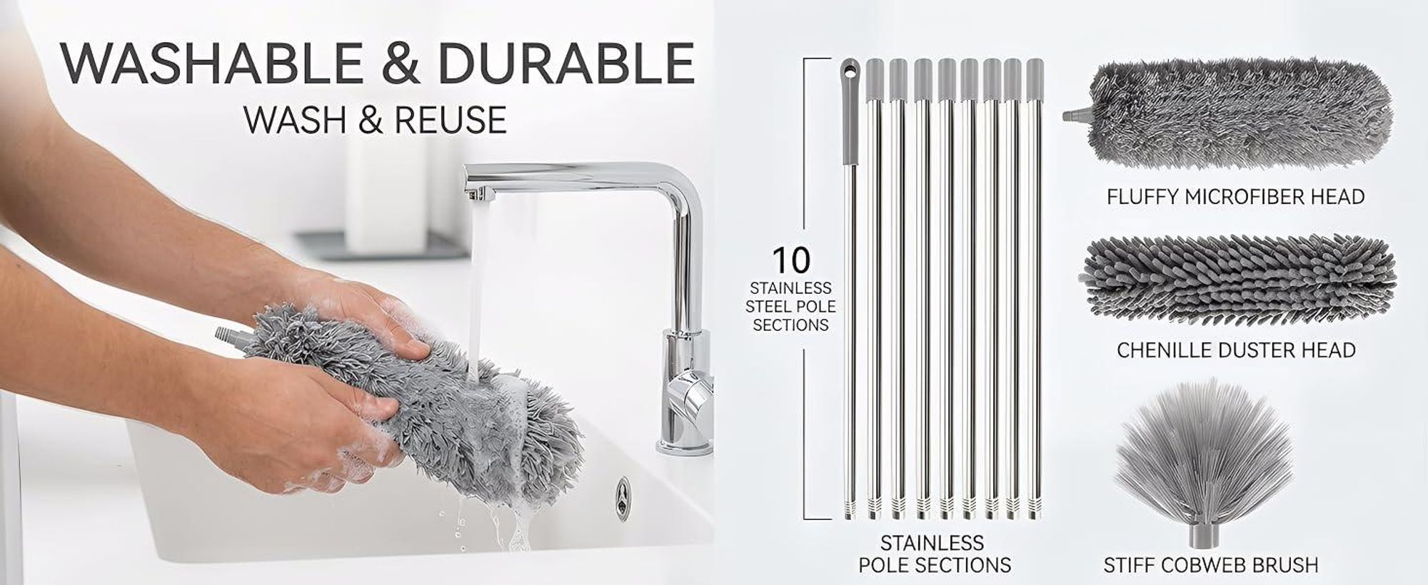 Staubwedel Teleskop, 6m Reinigungsset für Staubwedel, Staubwischer Mikrofaser, Spinnwebenbesen, 1,5-4,9m ausziehbar, für Decke, Ecken, Möbel