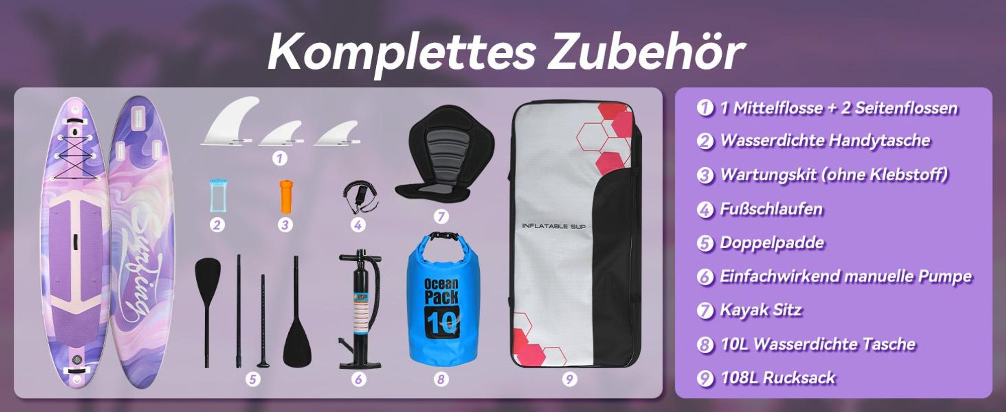 Puluomis SUP Board mit Sitz 335cm, Stand Up Paddle Boards Set, Paddling Paddelboard Surfbrett Aufblasbar, Pumpe Tragetasche, MB. bis 150Kg Lila Rosa