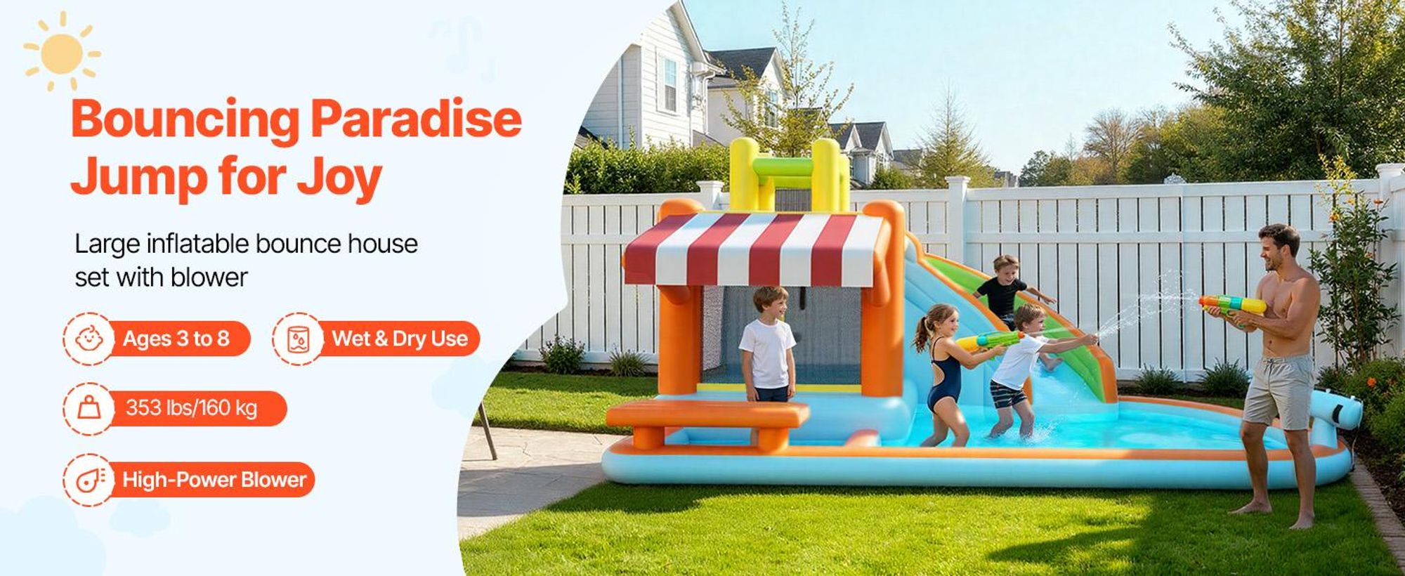 VEVOR Aufblasbare Wasserhüpfburg Outdoor (455 x 390 x 238 cm), Hüpfburg mit Wasserrutsche & Hüpfburgelementen & Hoher Rutsche & Planschbecken & Spielmarktstand, für 3–4 Kinder (3 bis 8 Jahre Alt)