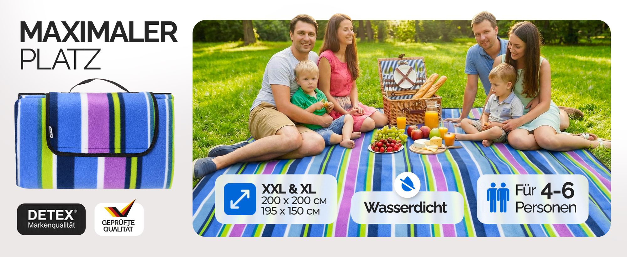 DETEX® Picknickdecke Campingdecke XXL 200x200 cm Wasserdicht Wärmeisoliert Waschbar Fleece Faltbar für 4-6 Personen Garten Stranddecke Blumen