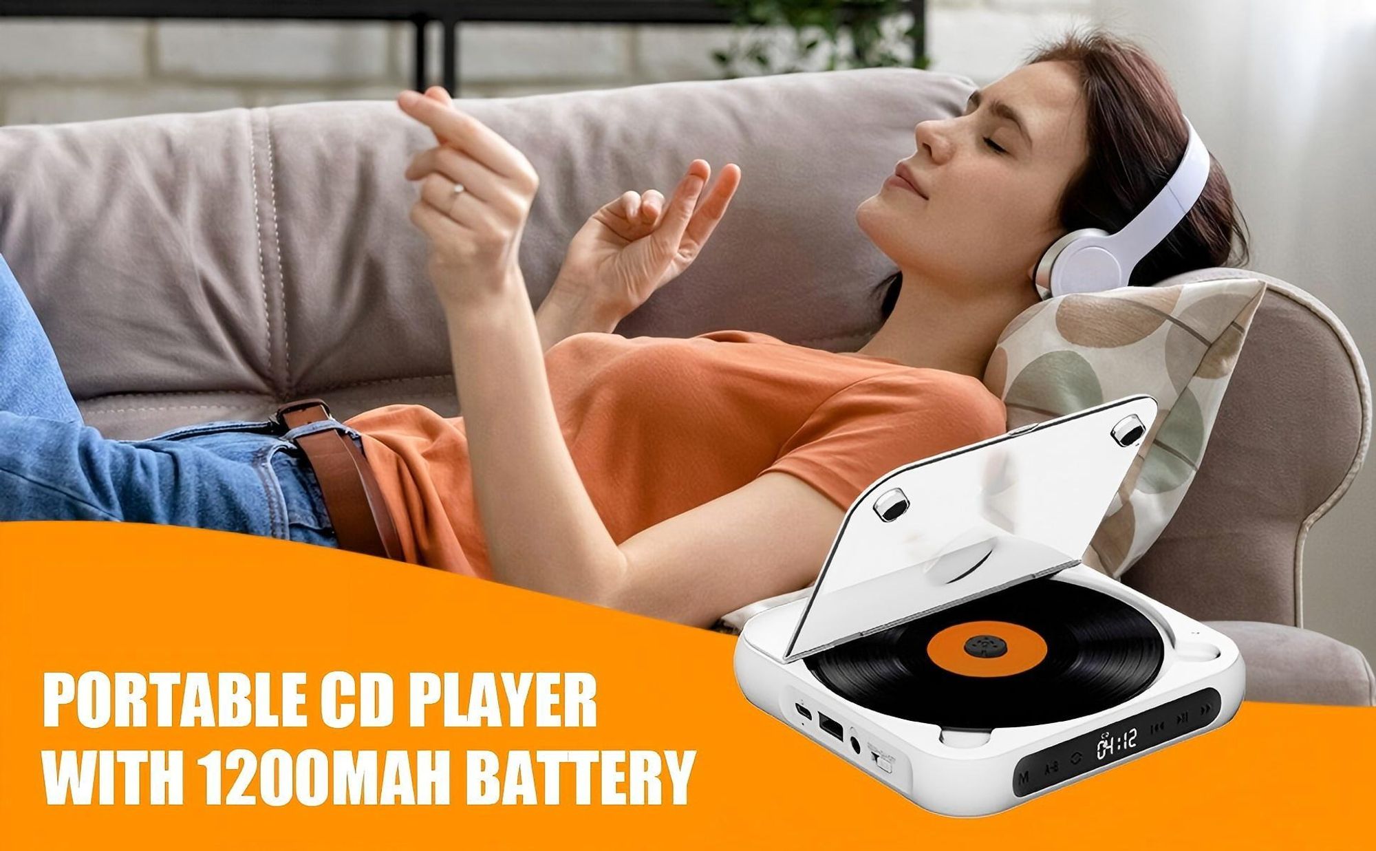 Tragbarer Bluetooth CD-Player, CD-Spieler mit staubdichter Abdeckung, Unterstützt MP3/WMA, Type-C-Aufladung, mit Kopfhörer