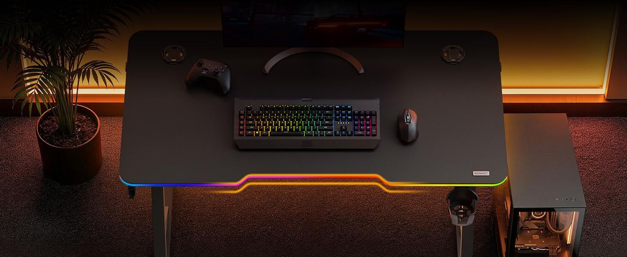 Sense7 VOLT RGB Gaming Schreibtisch 120x60 cm Schwarz Computertisch mit LED Beleuchtung PC Tisch Carbon Optik Gamer Tisch Getränkehalter