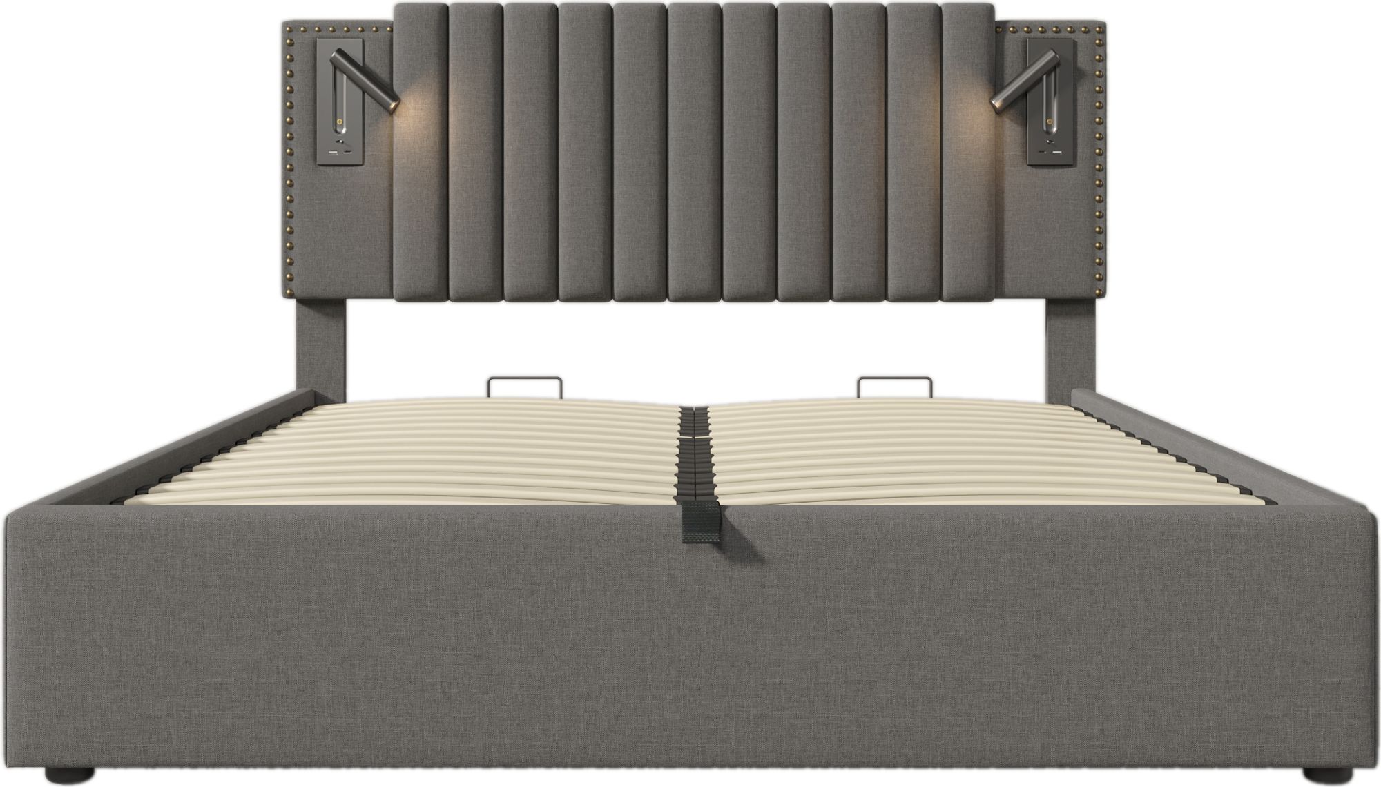 Flieks Polsterbett 140x200cm mit Leselampe, Doppelbett Stauraumbett Boxspringbett mit Ladefunktion (USB, Typ-C), Jugendbett mit Lattenrost, Baumwolle