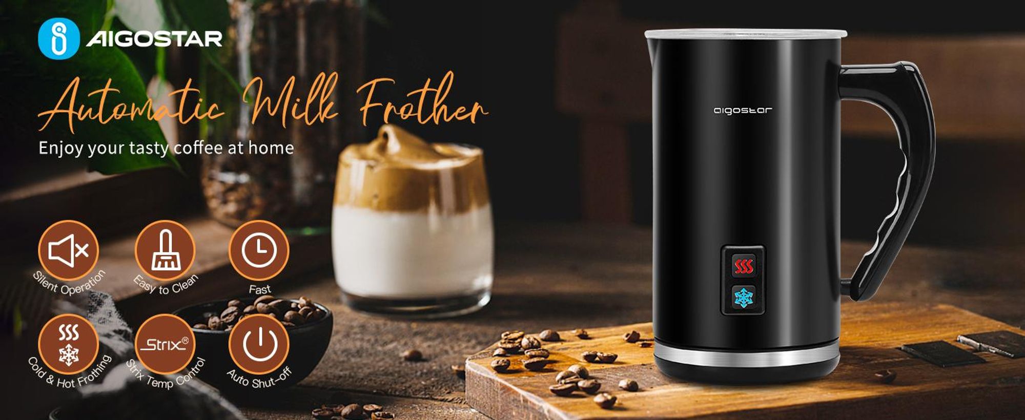 Aigostar - Milchaufschäumer Elektrisch mit 3 Modi, heißer & kalter Milchschaum, 500W, 240ml, Milch Frother für Cappuccino, Latte, Mokka, Macchiato