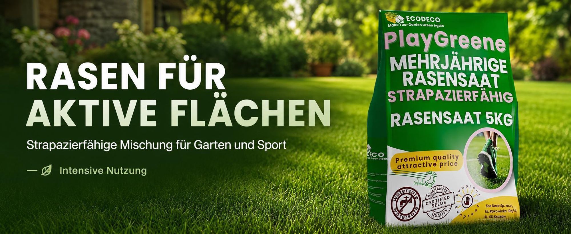 EcoDeco Rasensamen 5kg Sport und Spielrasen, schnellkeimender Rasensamen, selbstverdichtend, strapazierfähig, Rasenreparaturmischung