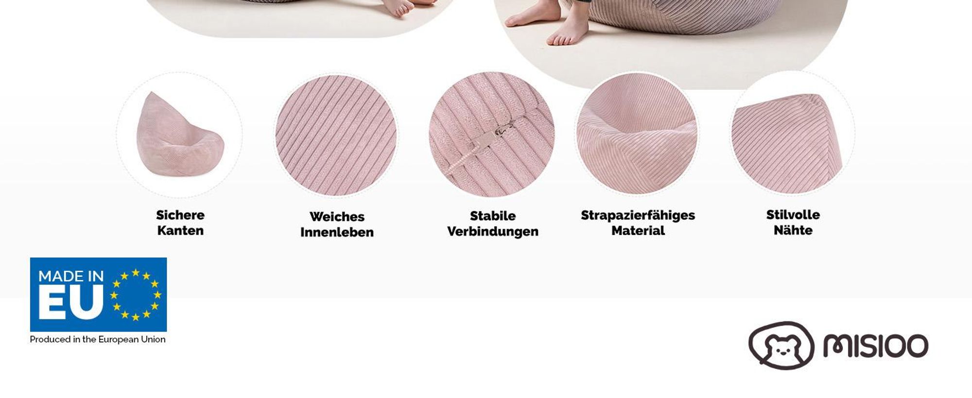 MISIOO Kinder Sitzsack Premium - Ergonomischer - Ab 12 Monaten - Bequeme Sitzsäcke fürs Kinderzimmer - Sitzsack mit Leichter Styroporfüllung