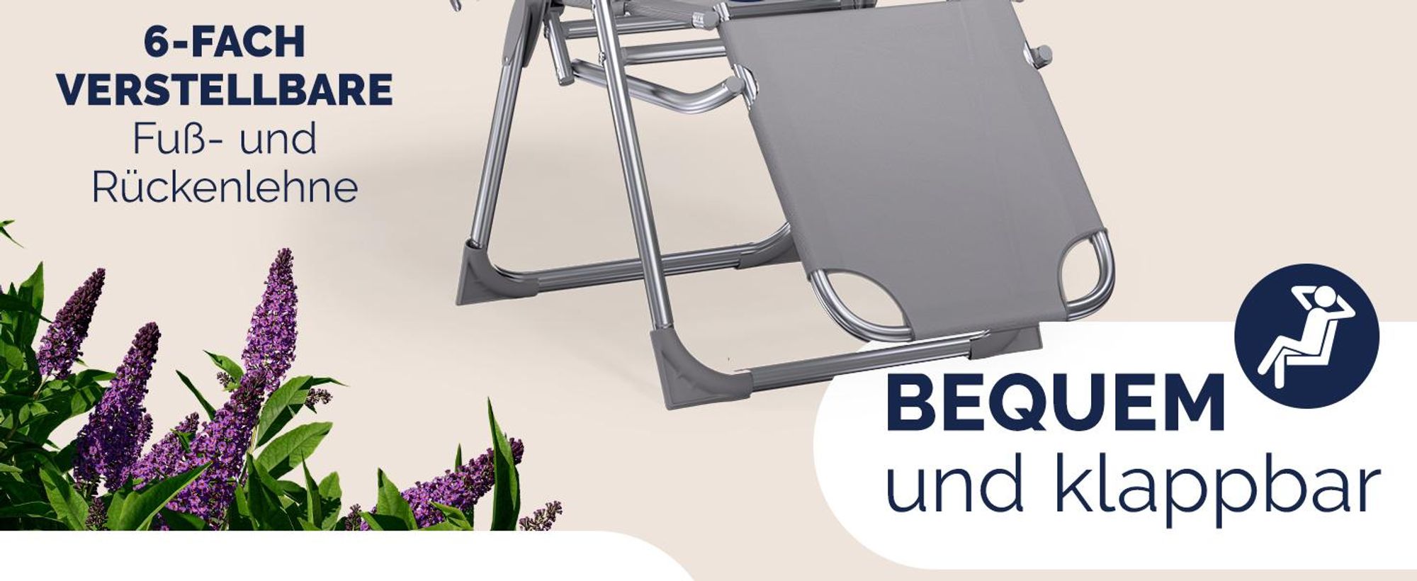 CASARIA® Gartenstuhl mit Fußteil 2er Set 6fach Verstellbar Liegefunktion Alu Faltbar Klappbar Hohe Rückenlehne Campingstuhl Klappstuhl Hochlehner Grau