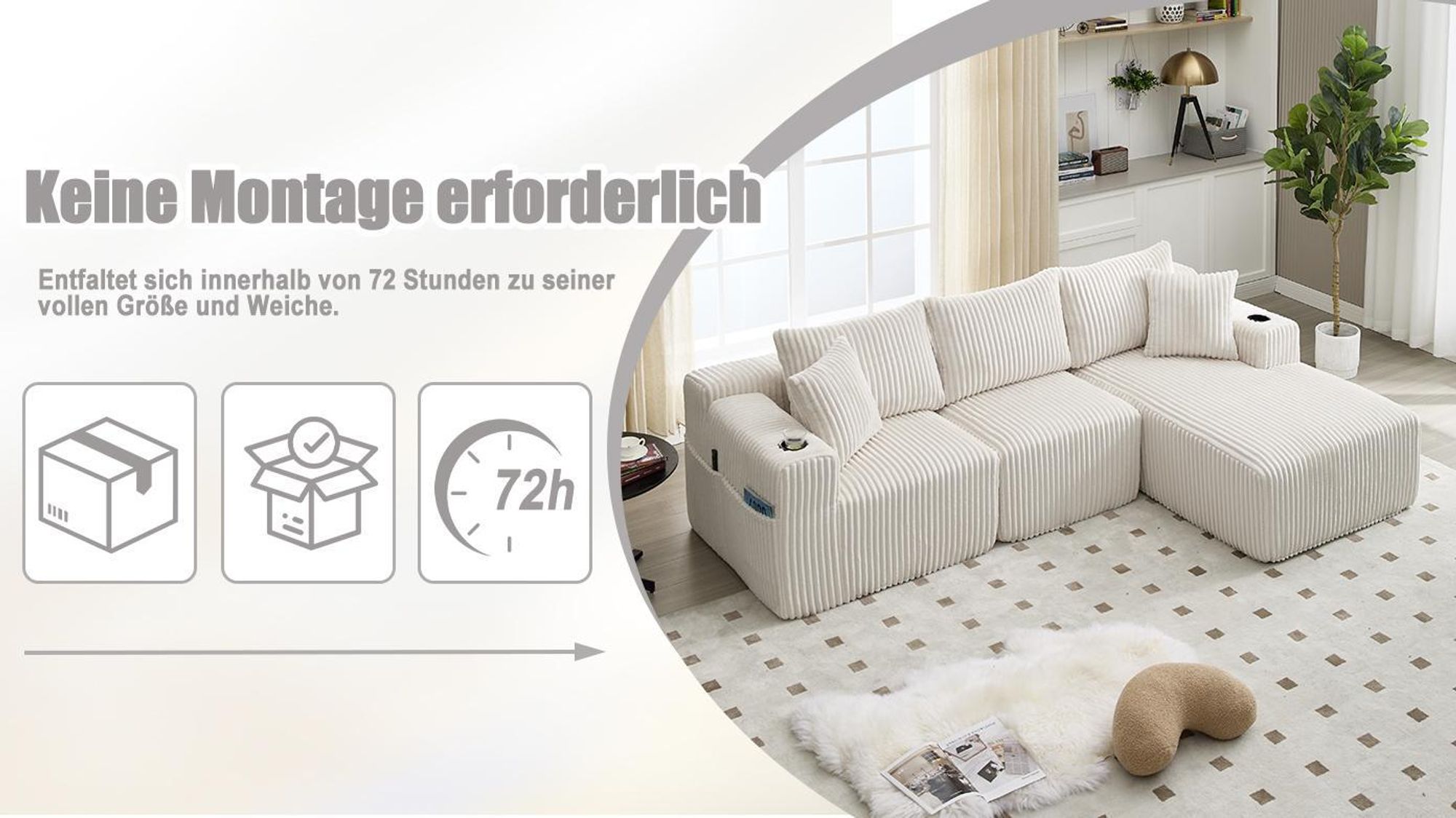 LVHOM Modulares Sofa mit Schlaffunktion, Ecksofa mit Cordbezug, 3 Sitzer mit Kissen, Schlafsofa ohne Montage, Loungesofa 257x80x160cm, Schwarz