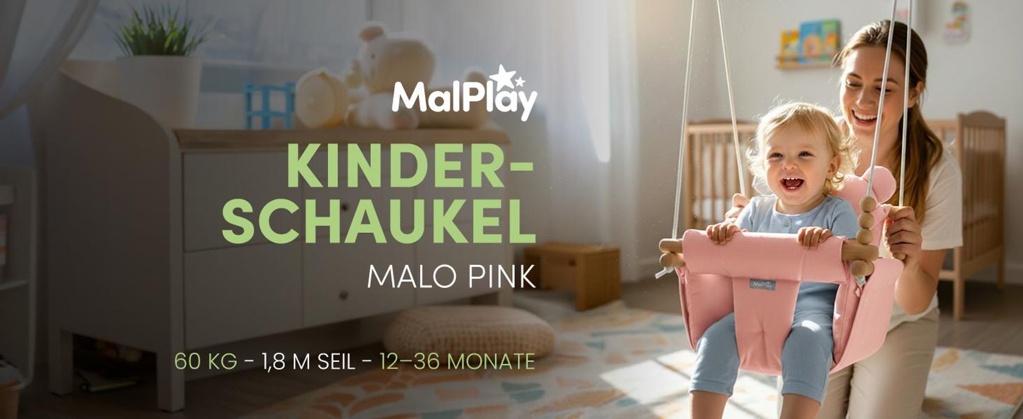 Rosa Kinderschaukel an Seilen mit Baumwollkissen