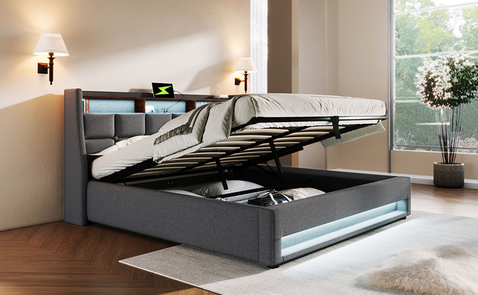 okwish Boxspringbett 160x200, USB Polsterbett, LED Doppelbett mit Bettkasten und Matratze, Stauraum und Metallrahmen Lattenrost, Leinenmaterial Bettgestell Jugendbett (mit Matratze) Grau
