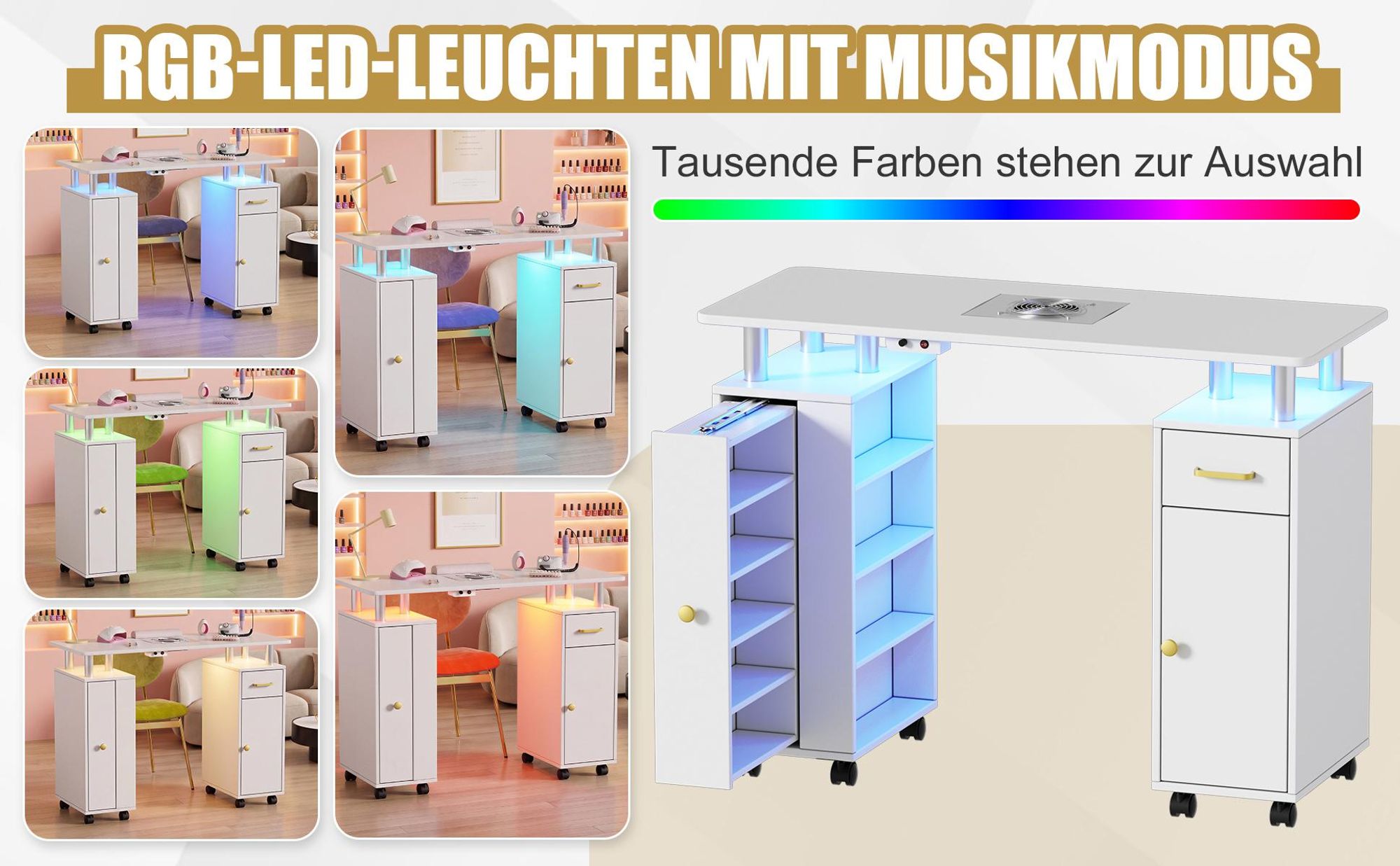 Manikürtisch mit Absaugung und LED-Beleuchtung, mobiler Nageltisch mit Staubabsaugung, Schublade und Stauraum für Nagelstudio & Kosmetikstudio