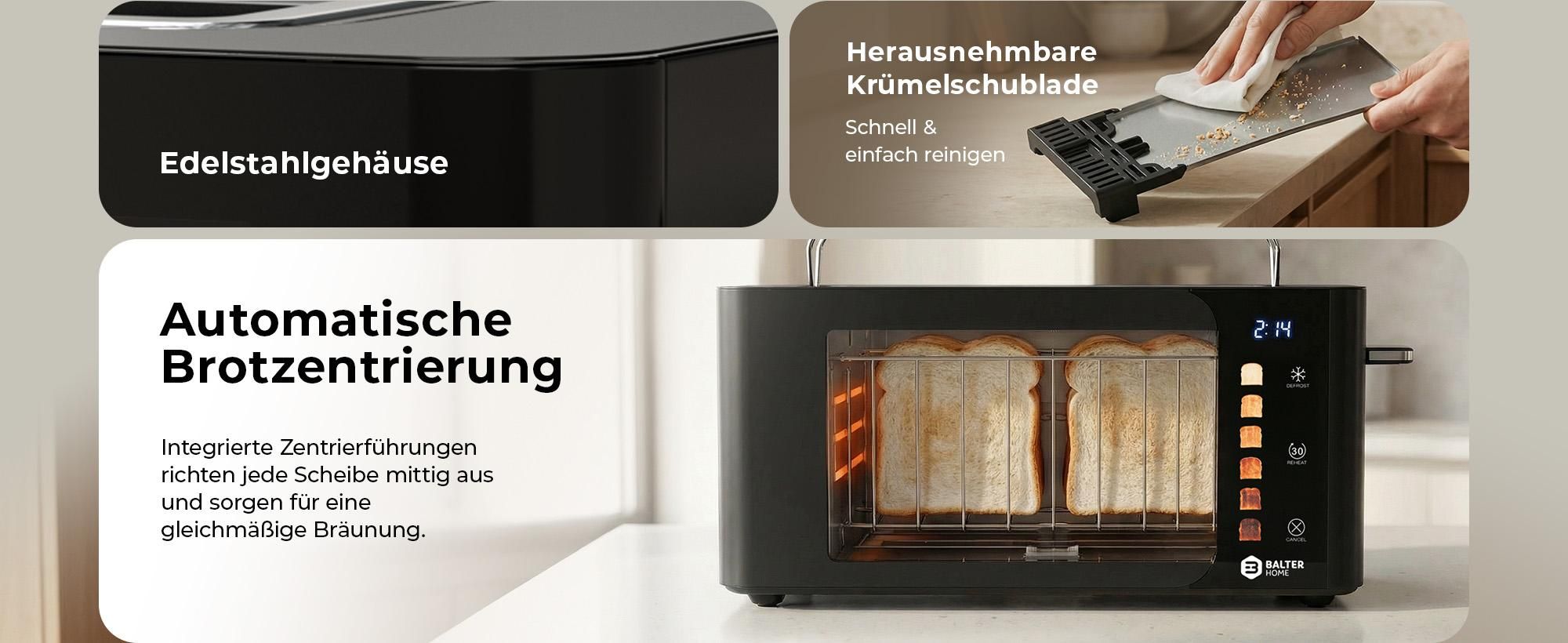 Balter Toaster 4 Scheiben, Edelstahl, Langschlitztoaster mit Brötchenaufsatz, 1500W, LCD Display, Defrost-/Aufwärmfunktion, Krümelschublade, Schwarz