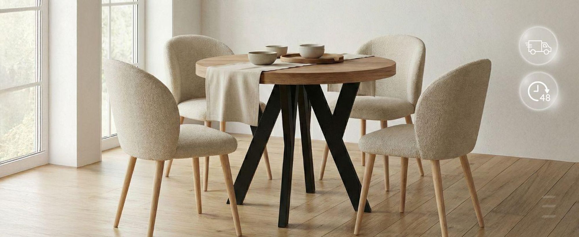 Runder Ausziehbarer Tisch für Esszimmer, PERO, Loft-Stil, Skandinavische, Durchmesser: 100 / 200 cm, Farbe: Franklin Nuss / Schwarz