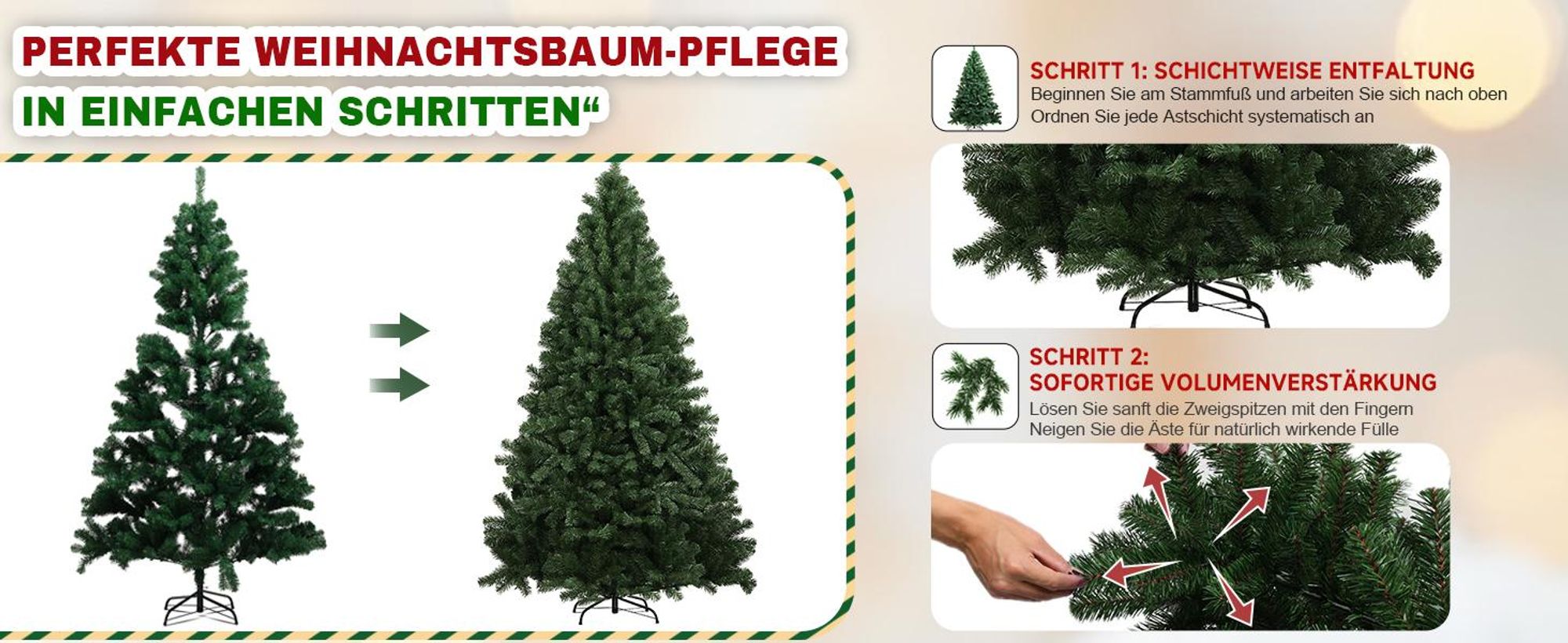 COMHOMA Künstlicher Weihnachtsbaum Weihnachtsdeko 195cm PVC Material mit 910 Spitzen Thickened Branches Foldable mit dekorativen Schleifen & Grußkar