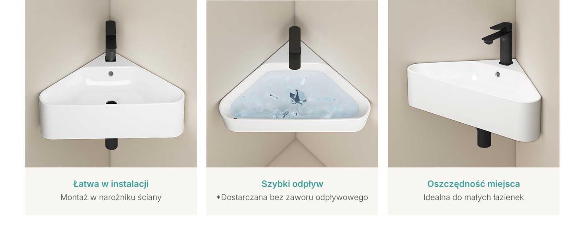 EMKE Umywalka narożna ścienna ceramiczna 560x340mm Biały połysk Trójkątna umywalka ścienna z przelewem i otworem na baterię do WC dla gości i małych łazienek