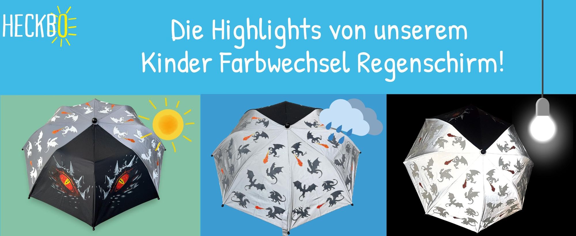 HECKBO Kinder Regenschirm Drache – Farbwechsel bei Regen, reflektierend, Holzgriff, mit Namensschild