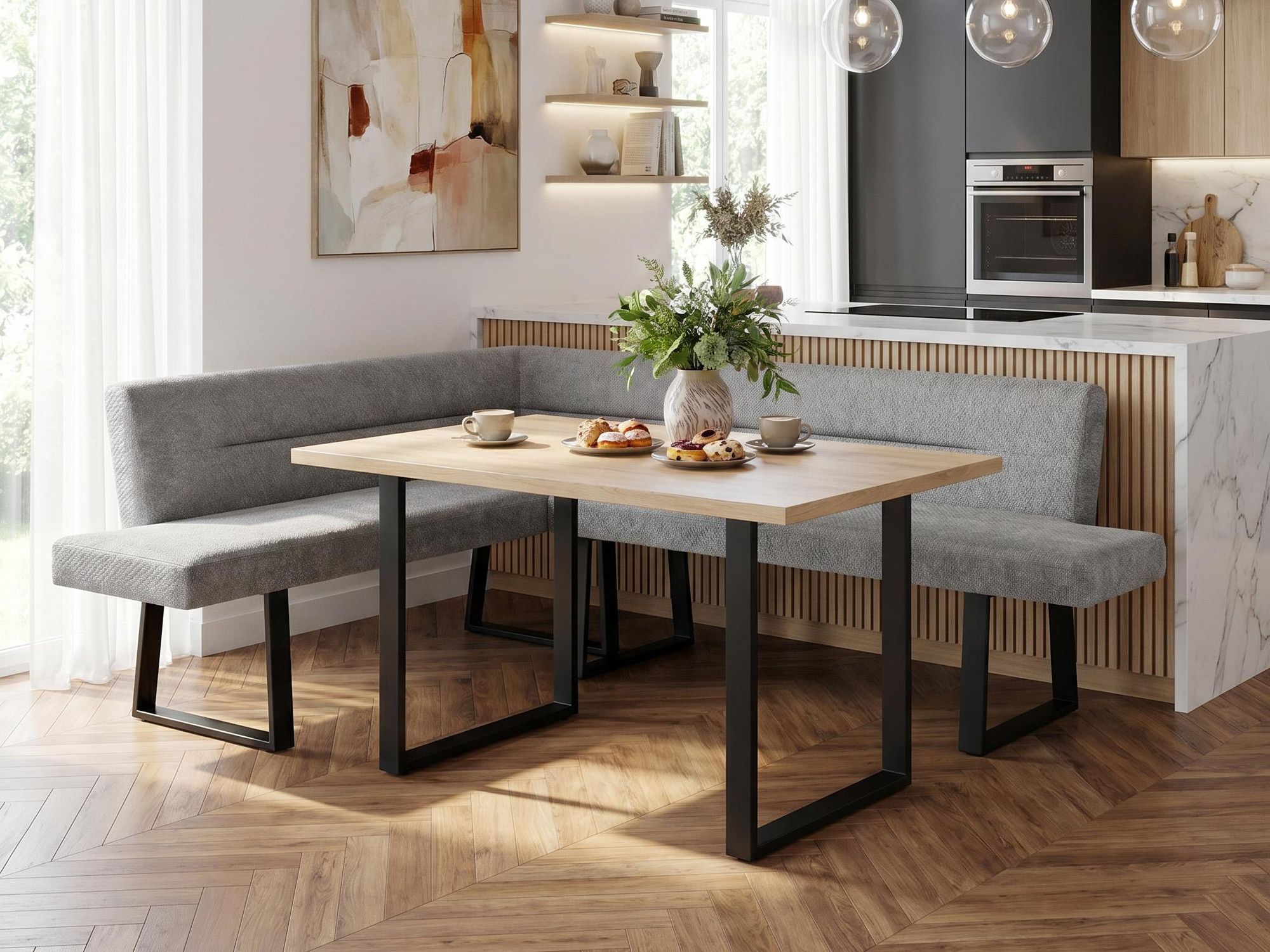 BEAUTYSOFA | Eckbank CRESTO Grau Links, Polsterbank mit Rückenlehne, Eckbank für Esszimmer und Küche, schwarze Metallkufen, moderner Essplatz
