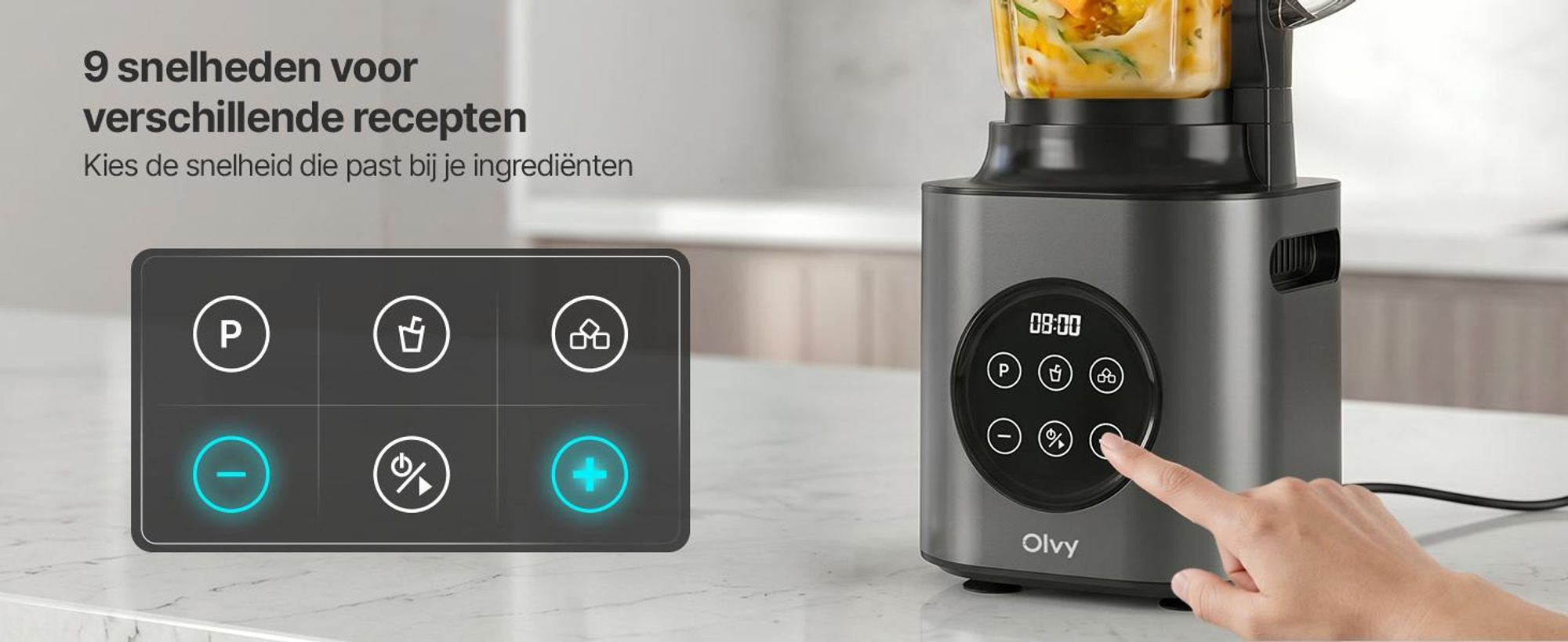 Olvy staafmixer, 1000W, met 1,5 liter glazen kan en 600 ml Tritan-beker, 9 standen, pulsefunctie, ijsvermaal functie, smoothie- en milkshakefunctie