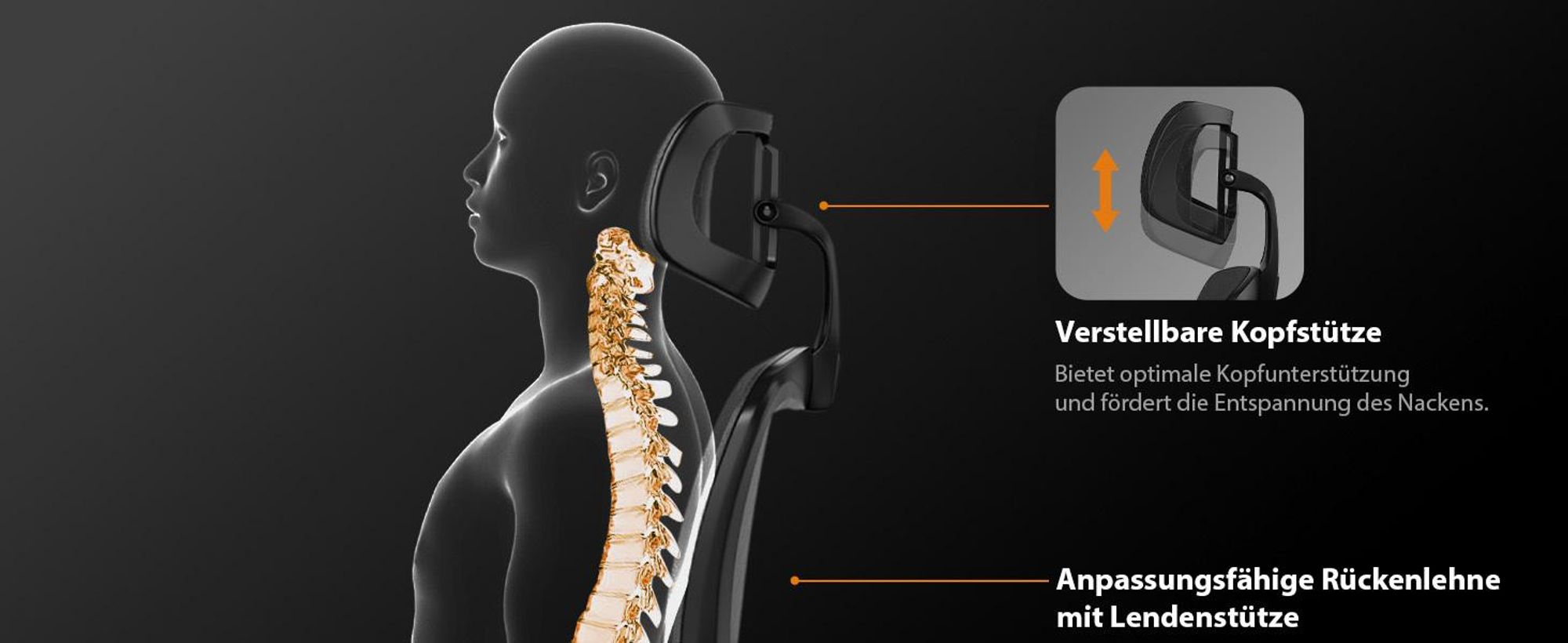 SENSE7 VENO Ergonomischer Bürostuhl - Schreibtischstuhl Schwarz Geteilte Rückenlehne Kopfstütze Netzrücken Gummirollen Homeoffice Chefsessel 120 kg