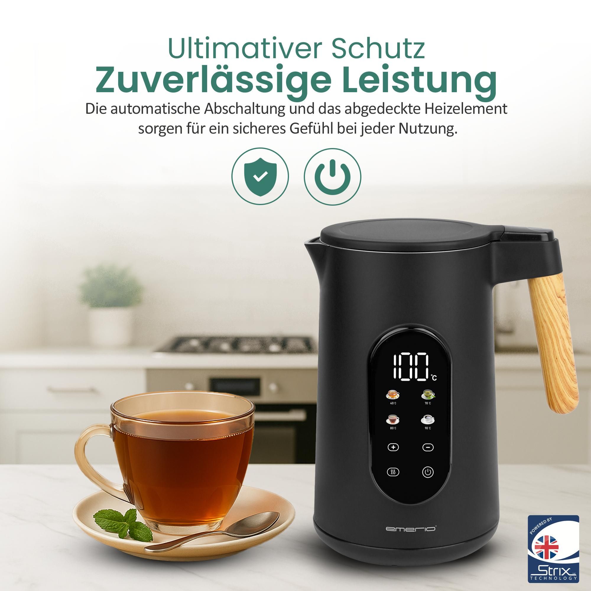 Emerio Wasserkocher mit Temperaturregelung 1,7 Liter – Touch-Bedienung und 360° drehbar – Warmhaltefunktion – 2200 W – Retro – WK-132230
