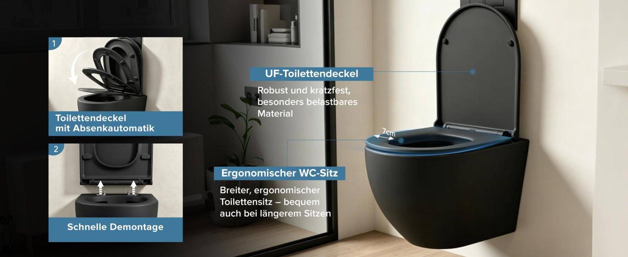 doporro Hänge-WC Spülrandlos Hänge-Toilette mit Tiefspüler inkl. Soft-Close Absenkautomatik schwarz matt aus Keramik Wandmontage Aachen179 neu