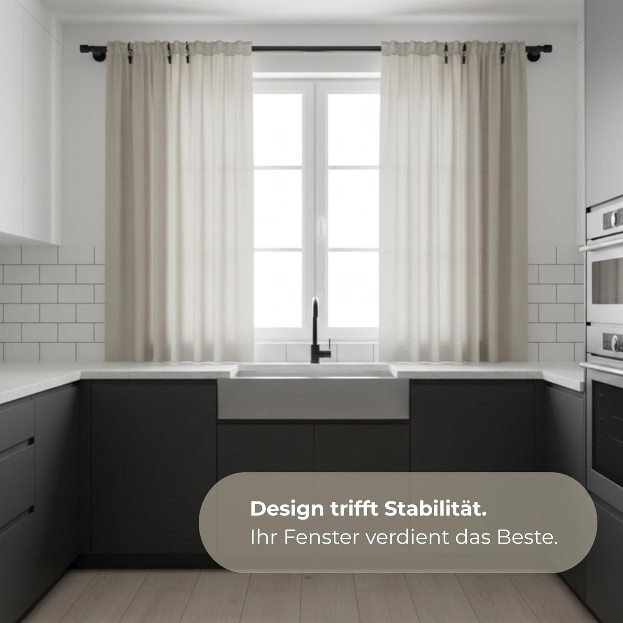 Techno 400 cm Doppelte Gardinenstange Schwarz 19 mm aus Metall mit Endstück Basic Komplettset mit Ringen und Clips Inklusive Montagezubehörset