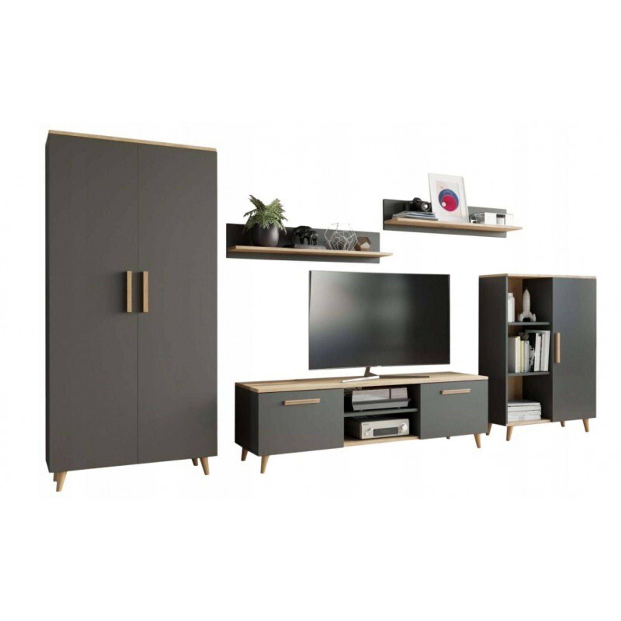 Wohnwand Nord Per La Vita, Modern Schrankwand, Wohnzimmerschrank mit Fernsehtisch, Sideboard und Wandregal, Kleiderschrank Antracyt Artisan