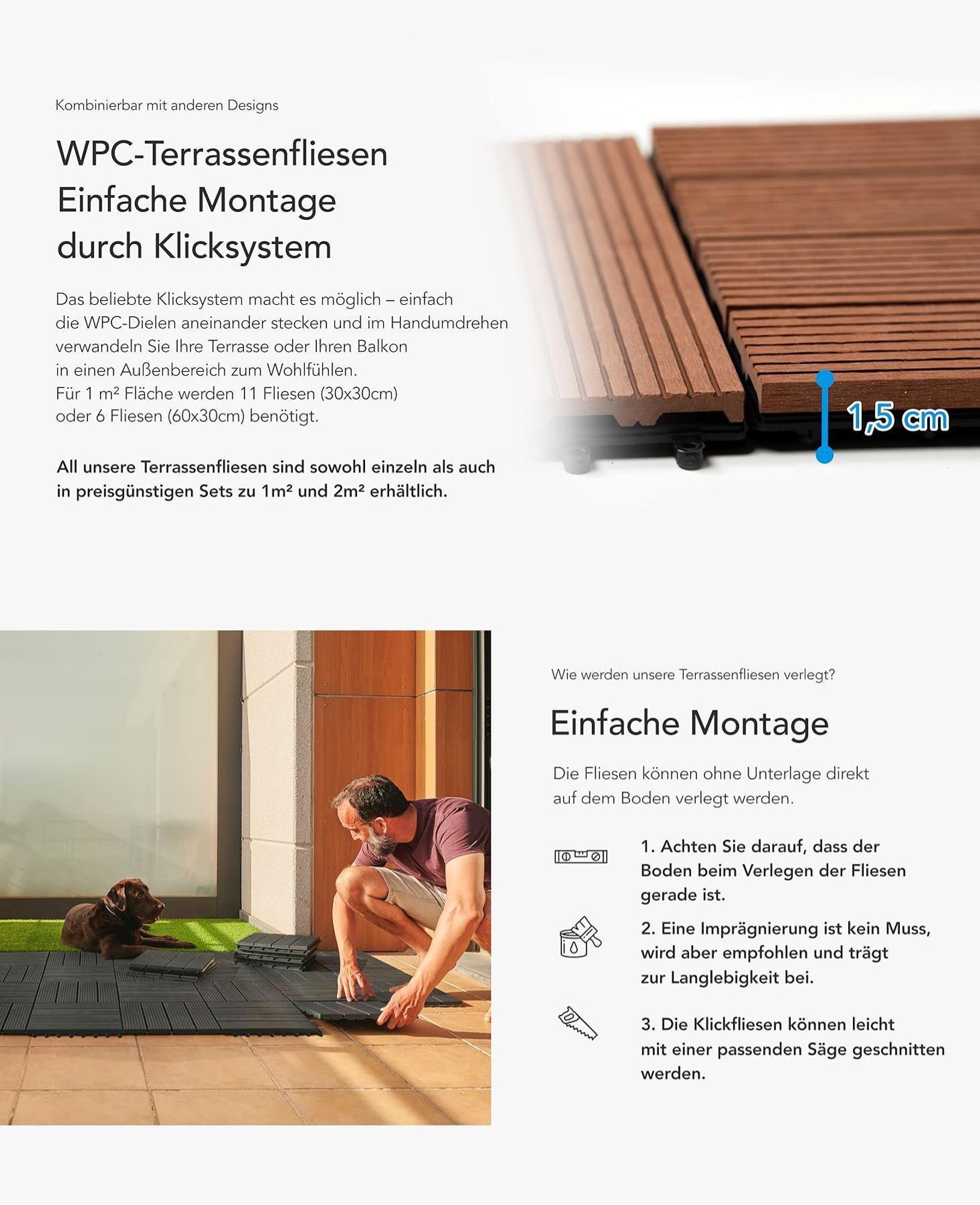 Karat Terrassenfliesen Klickfliesen 30x30 cm, wetterfeste Balkonfliesen aus Kunststoff, Klicksystem für Terrasse & Balkon – Grau, 22 Stk. (2m²)