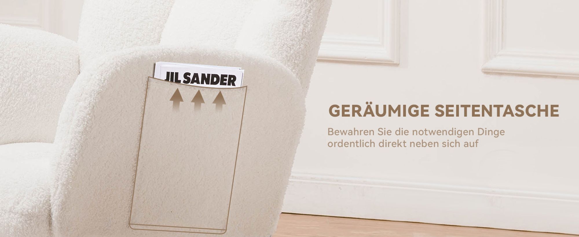 COMHOMA Schaukelstuhl, Relaxsessel mit Armlehnen, Ohrensessel aus Teddy-Plüsch Schaukelsessel, bis 150 kg belastbar für Schlafzimmer, Wohnzimmer Weiß