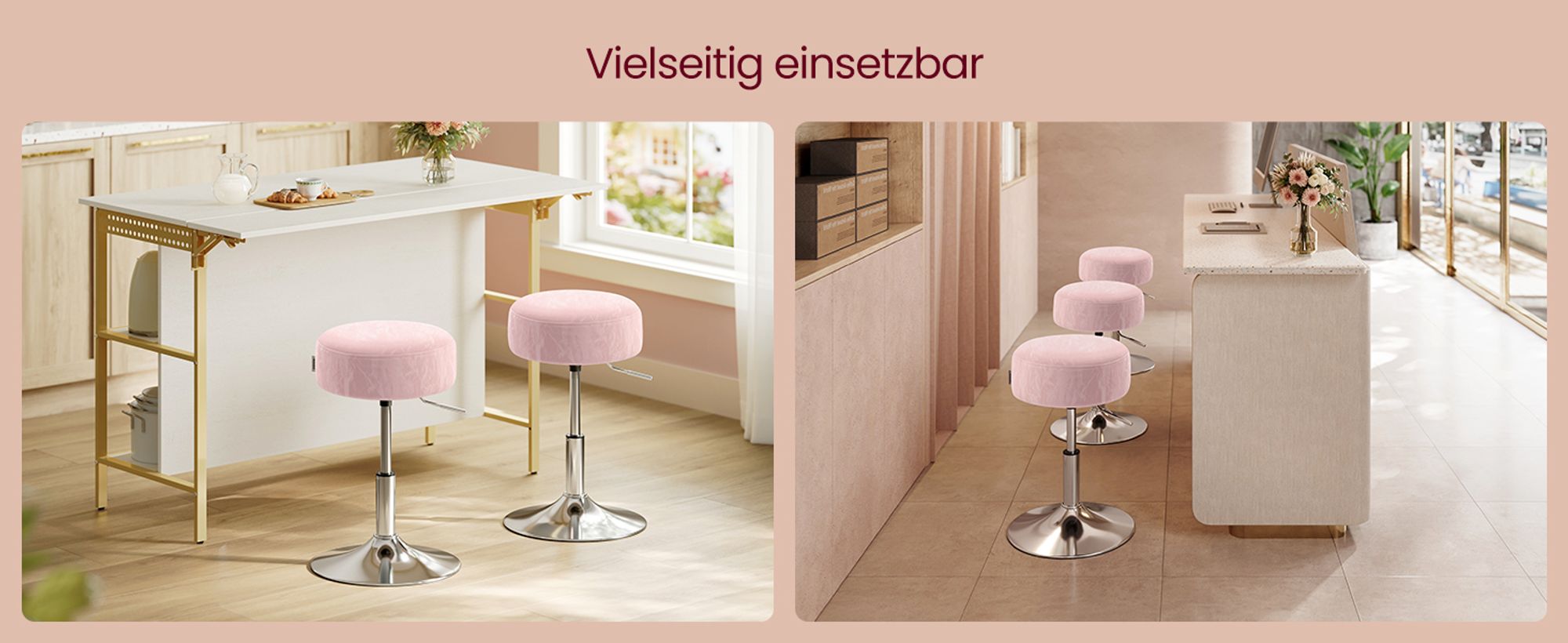 Schminkhocker, Schminkstuhl, Sitzhocker, höhenverstellbar, 360° drehbar, PU, dicke Polsterung, für Schlafzimmer, Küche, Esszimmer, pastellrosa