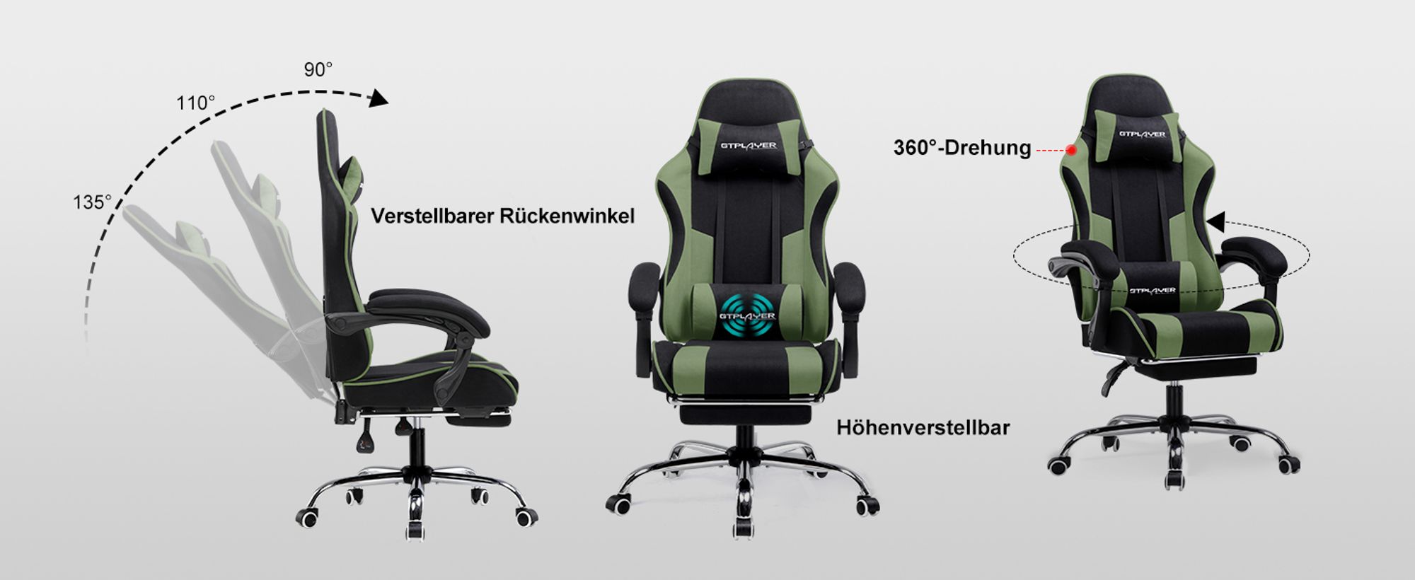 GTPLAYER Bürostuhl Gaming Stuhl Stoff Gaming Sessel Ergonomischer Gamer Stuhl mit Fußstütze, Kopfstütze Lendenkissen, Gepolstert Gaming Chair, grün