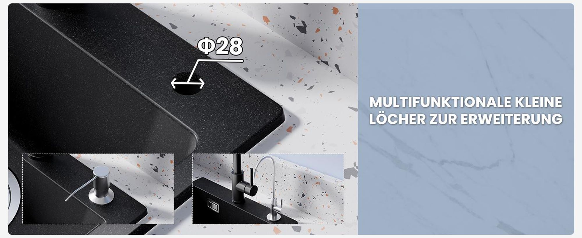 Granitspüle Küchenspüle Granitspüle Küchenspüle 50 x 45 cm Einbauspüle Spülbecken Einzelspüle Mit Siphon Abtropffläche schwarz