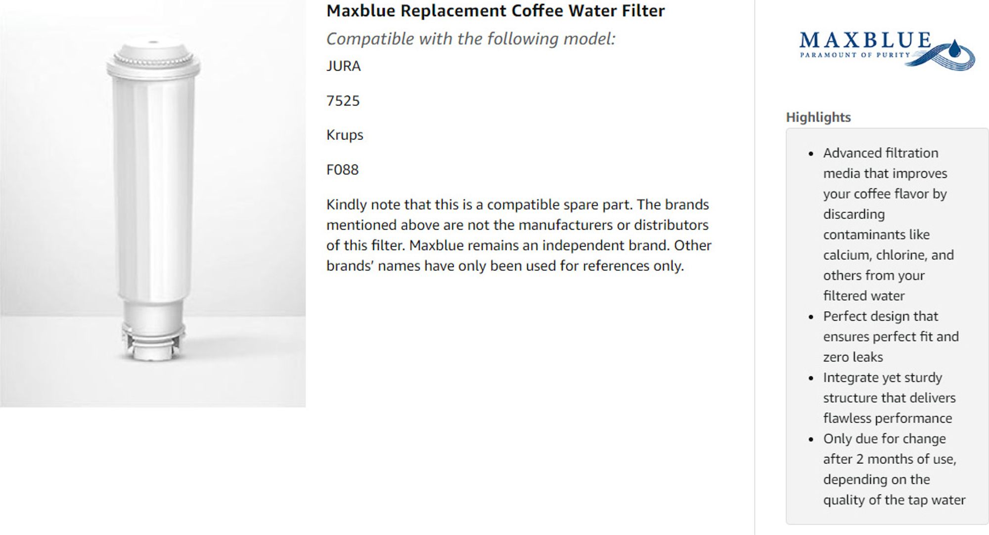 Maxblue F088 náhradní vodní filtr pro Melitta®, Nivona®, Krups® F088, kompatibilní s mnoha modely AEG®, Bosch® a dalšími, (6)