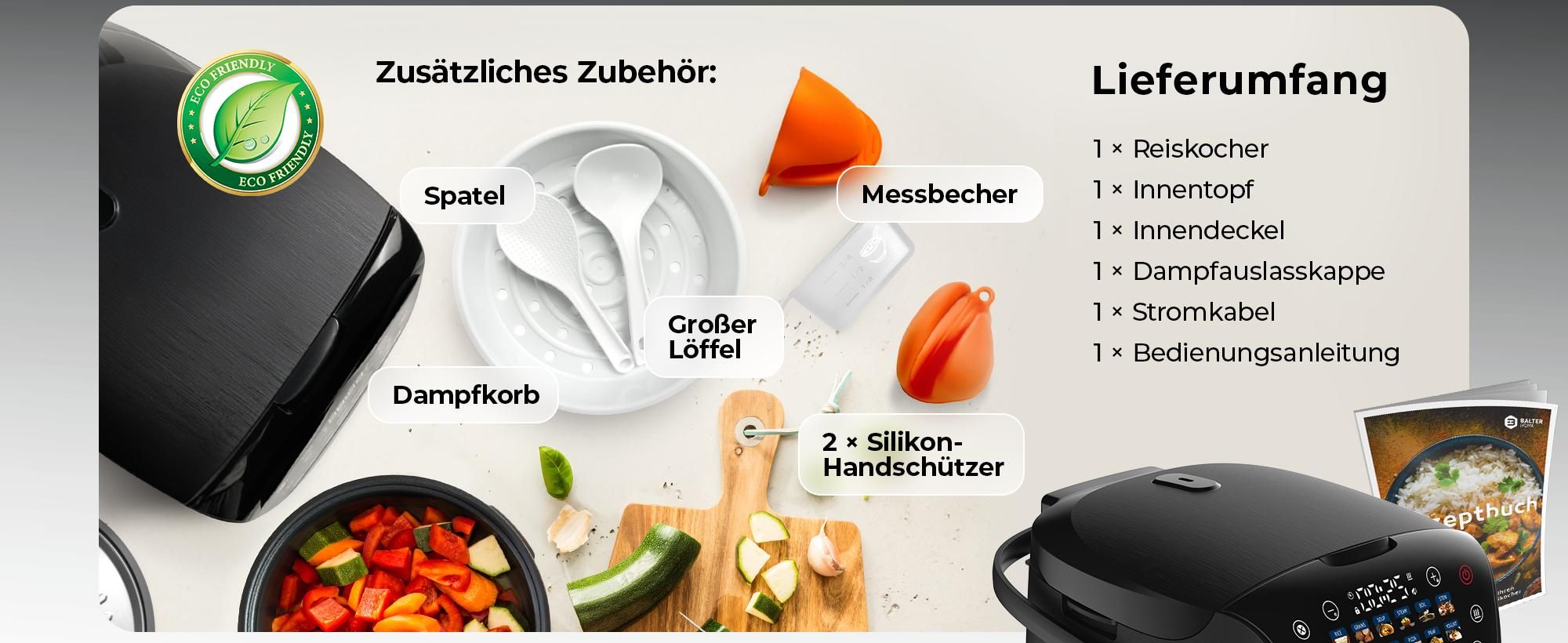 Balter Reiskocher, Multikocher 4L mit 18 Programmen & Warmhaltefunktion, Dampfgarer, Touch-Bedienfeld, Fuzzy-Logic, Premium-Topf, Klein, Schwarz