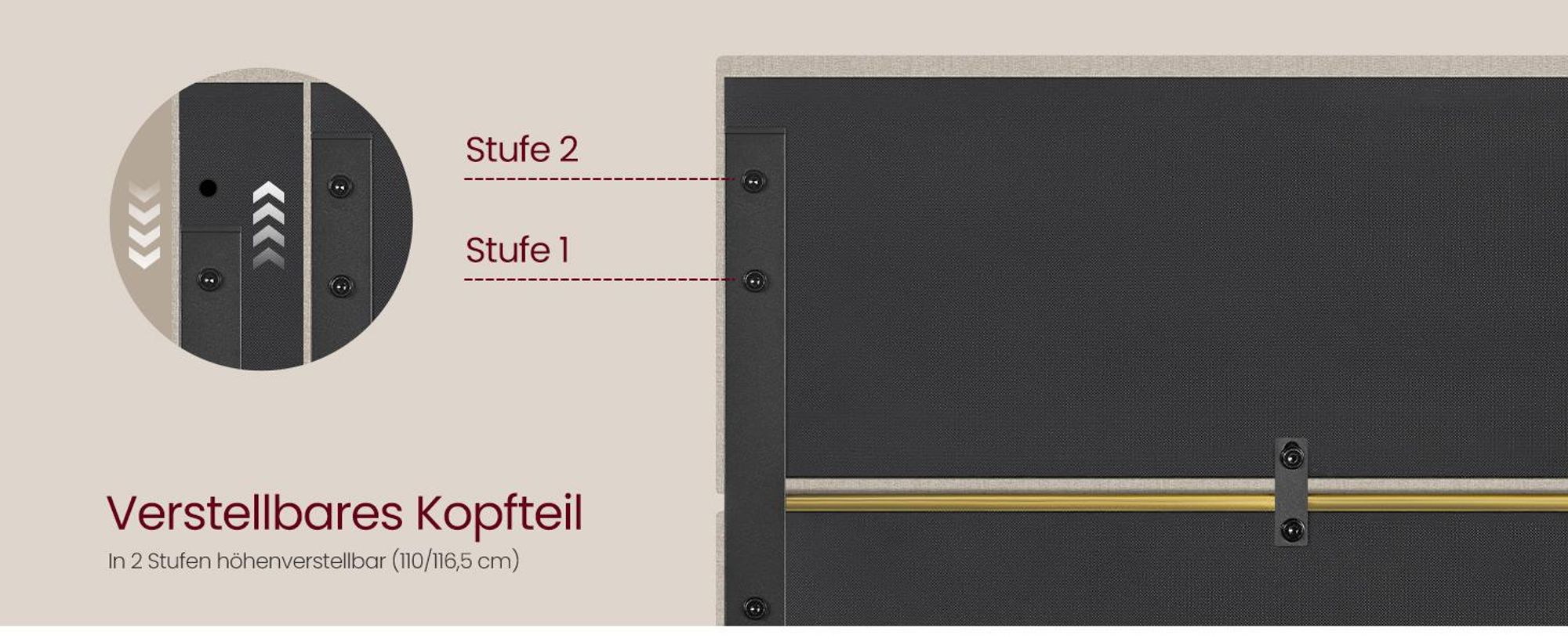 VASAGLE Bettgestell, Doppelbettgestell, passend für 160 x 200 cm Matratze, verstellbares gepolstertes Kopfteil, modern, beige