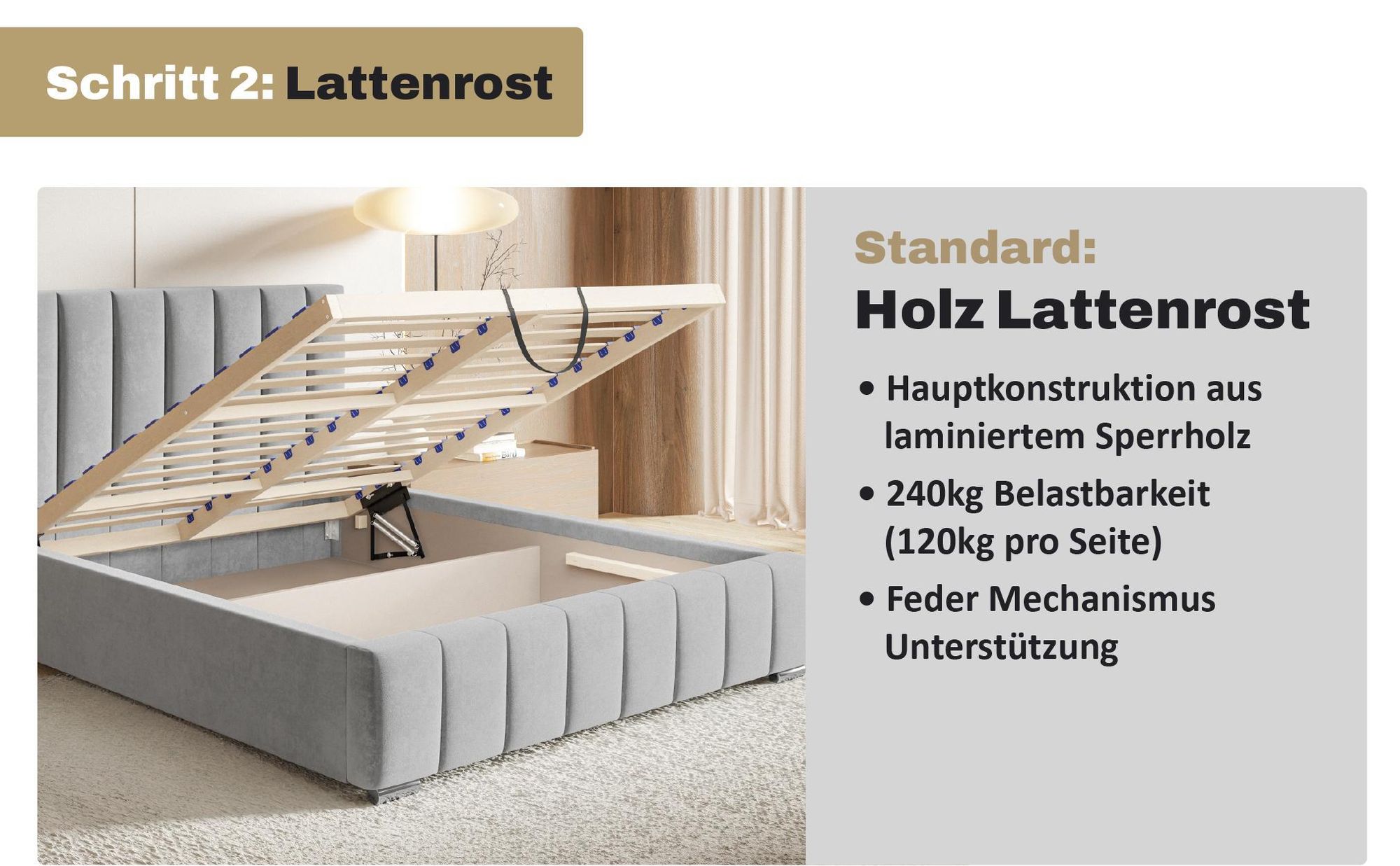 MOTIVENA Vigo Polsterbett 200x200 mit Bettkasten, Metall Lattenrost, Bett 200x200 Beige Samt (Jasmine 24)