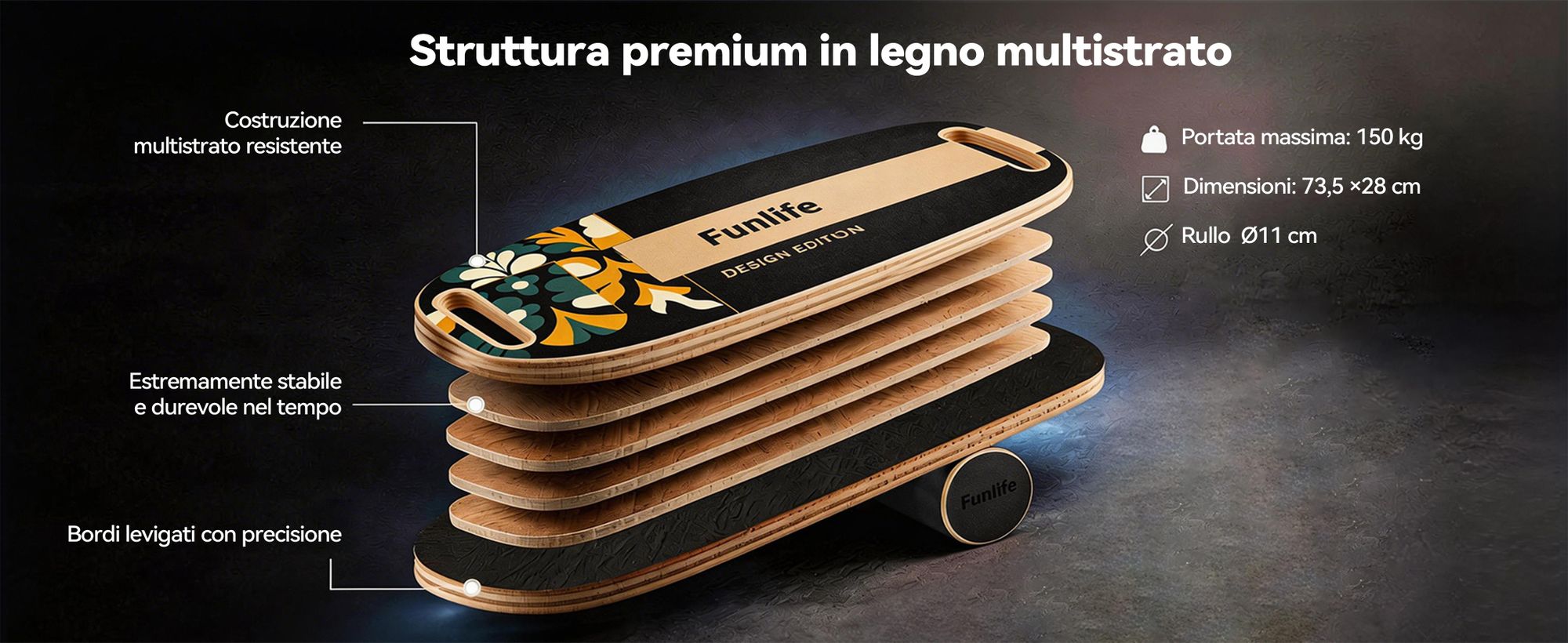 FunLife MOVE Balance Board in legno con rotelle – Attrezzo professionale per l'allenamento dell'equilibrio con sistema a 3 livelli, allenamento del core, fitness e stabilità, fino a 150 kg