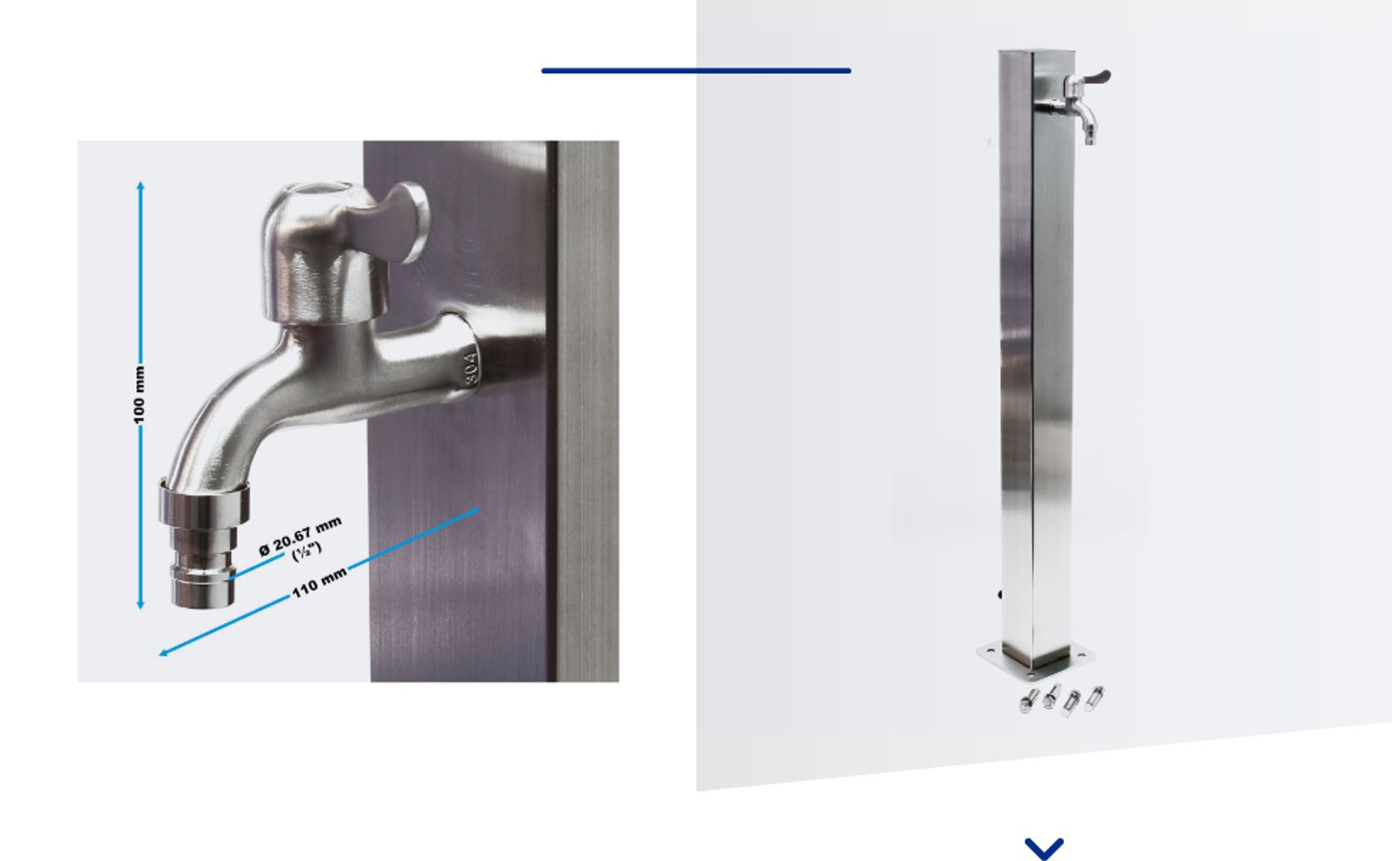 Wiltec eckige Wasserzapfstelle aus Edelstahl 95 cm, Wassersäule mit Wasserhahn & Anschluss, UV- & frostbeständig