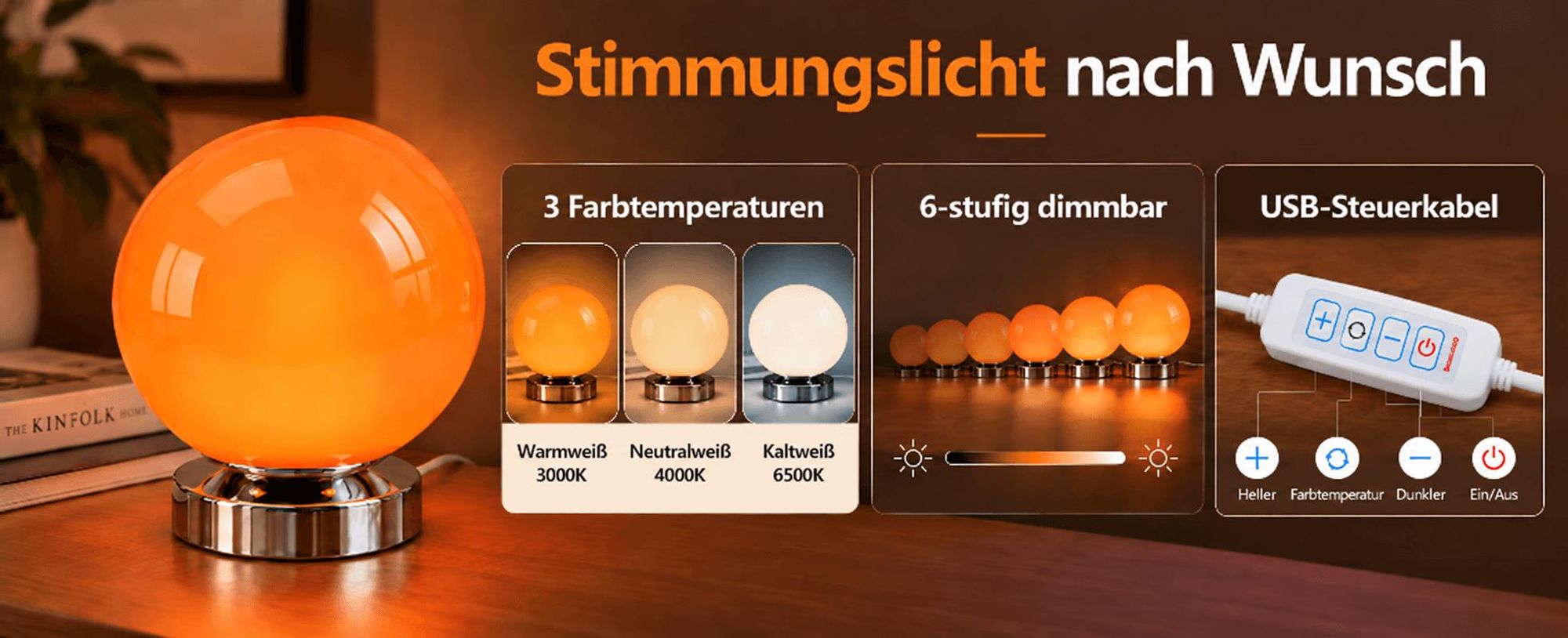 Orange Tischlampe aus Glas, Kugellampe Ø 15 cm, 3 Farbtemperaturen, 6 Helligkeitsstufen, USB-Steuerung, Nachttischlampe für Schlafzimmer