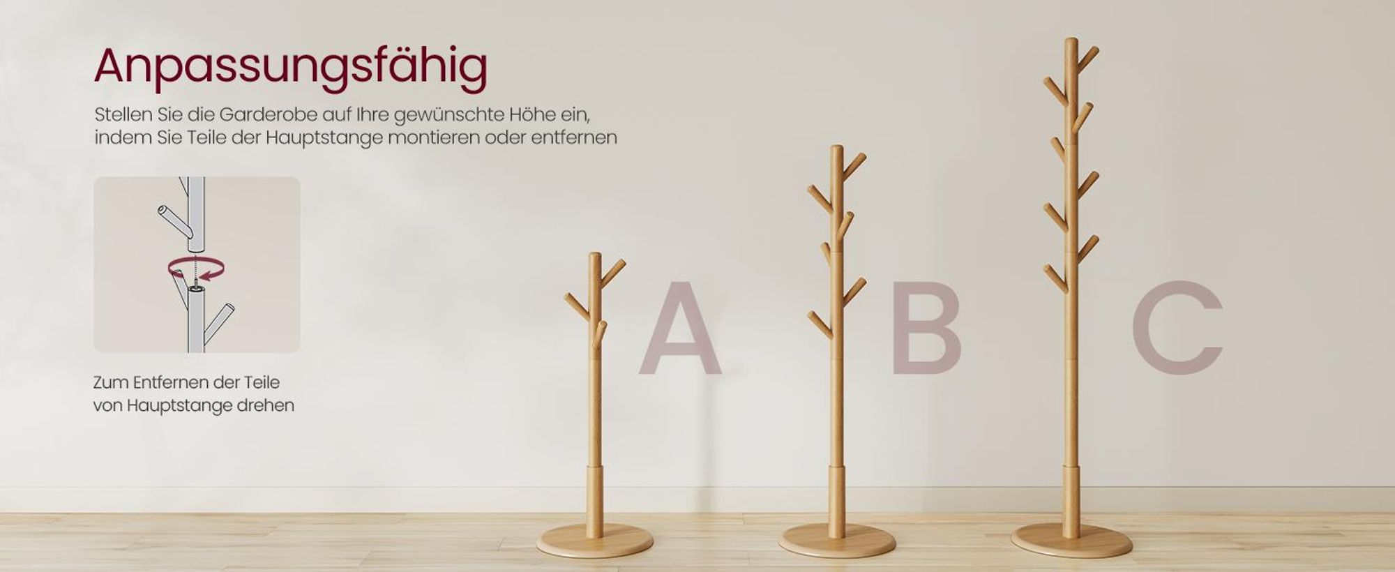 VASAGLE Garderobenständer, Kleiderständer Massivholz, Jackenständer Baumform, 8 Haken für Jacken, Hüte