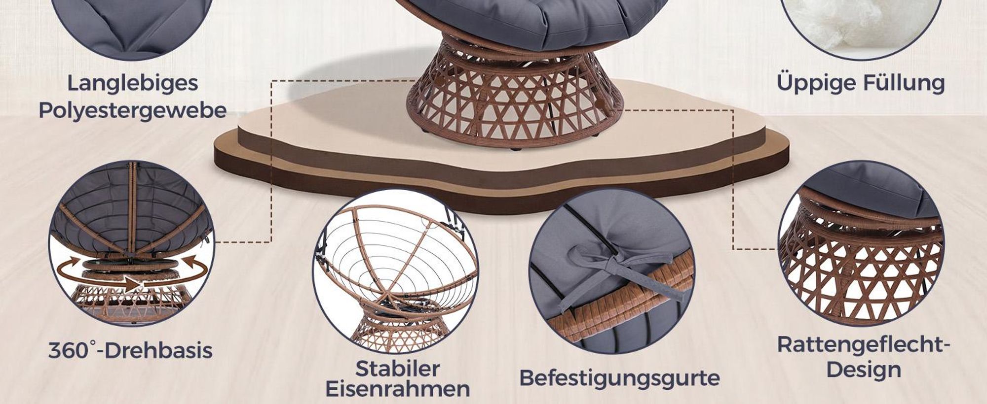 COMHOMA Papasansessel, gemütlicher Drehsessel mit Kissen rund, bequemer Rattansessel, Loungesessel drehbar, runder Relax Korbsessel Rattan, GRAU