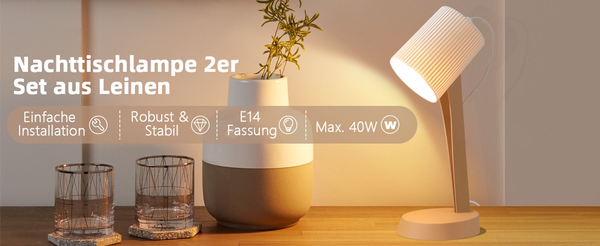 ZMH Tischleuchte 2er Set Braun Tischlampe Wohnzimmer Nachttischlampe mit Kabel E14 Tischlampen Moderne Landhausstil für Esstisch Schlafzimmer