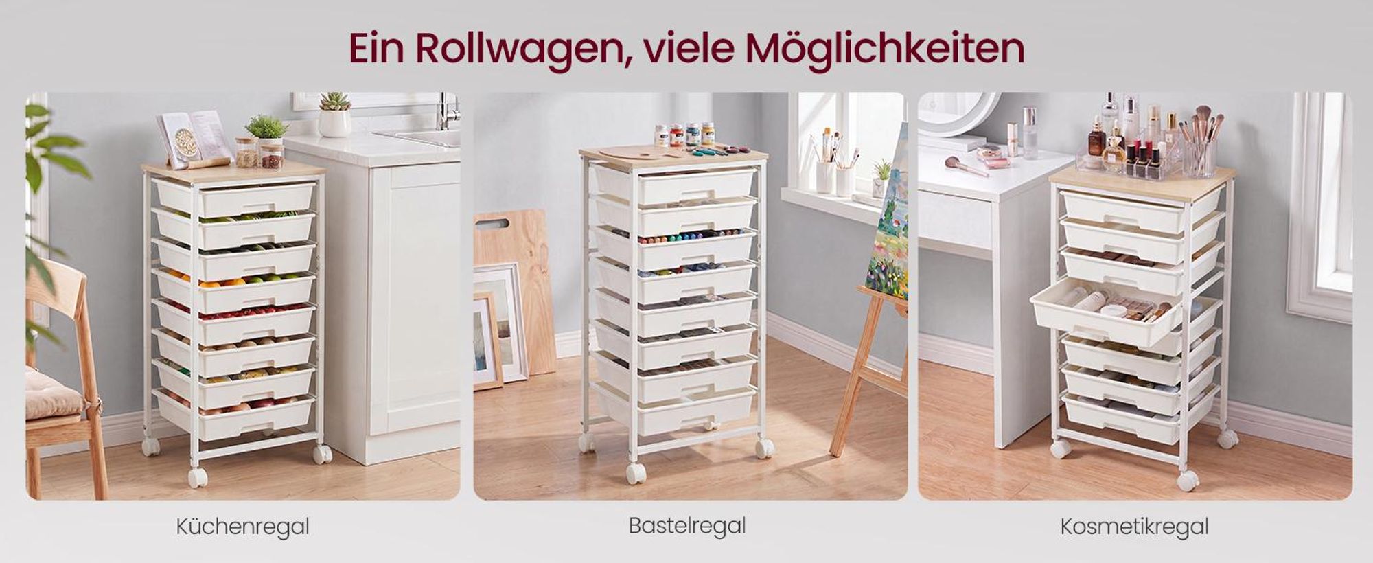 VASAGLE Rollwagen mit 8 Schubladen, Nischenwagen mit Holzplatte, Organizer für Büro und Bad, 39,5 x 28,5 x 76,5 cm, Weiß