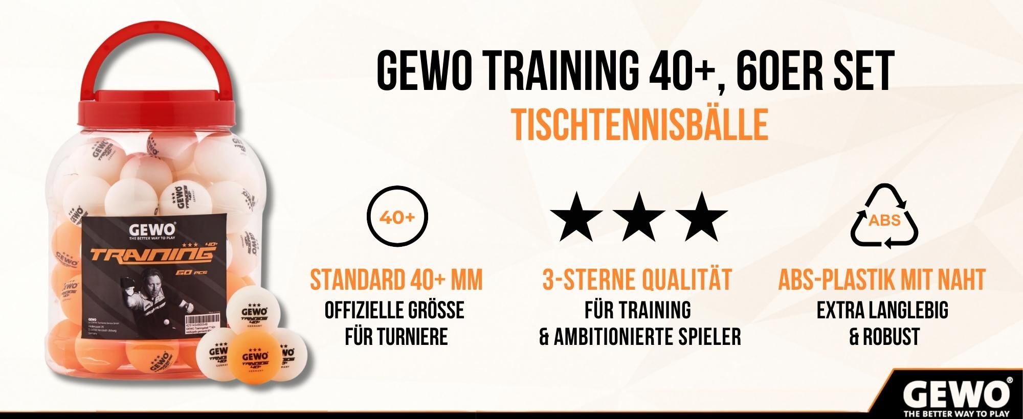 GEWO Tischtennisbälle Training 40+, 60er Set - mit Naht, weiß & orange