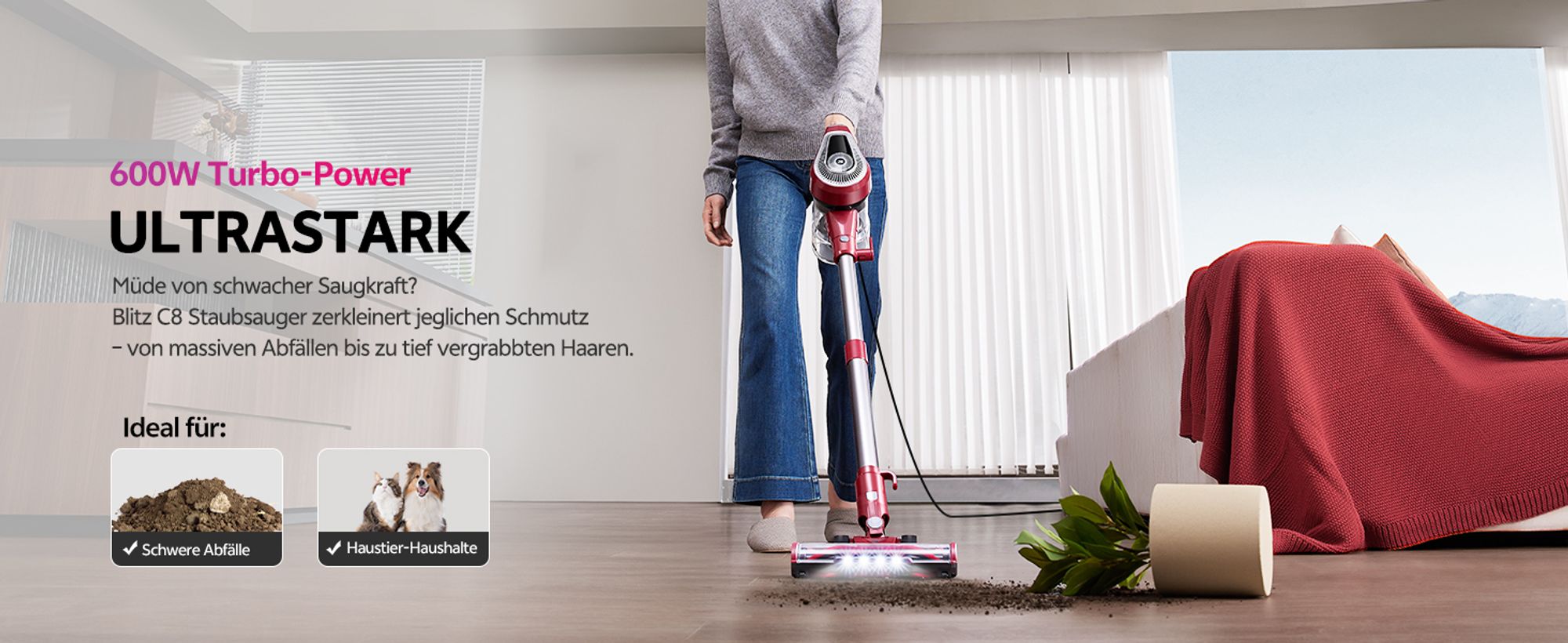 Vactidy C8 Staubsauger mit Kabel 7m/60kPa/600W Handstaubsauger 1,5L Beutelloser Staubbehälter, Antiverhedderungs-Bürste für Böden Teppiche Tierhaare