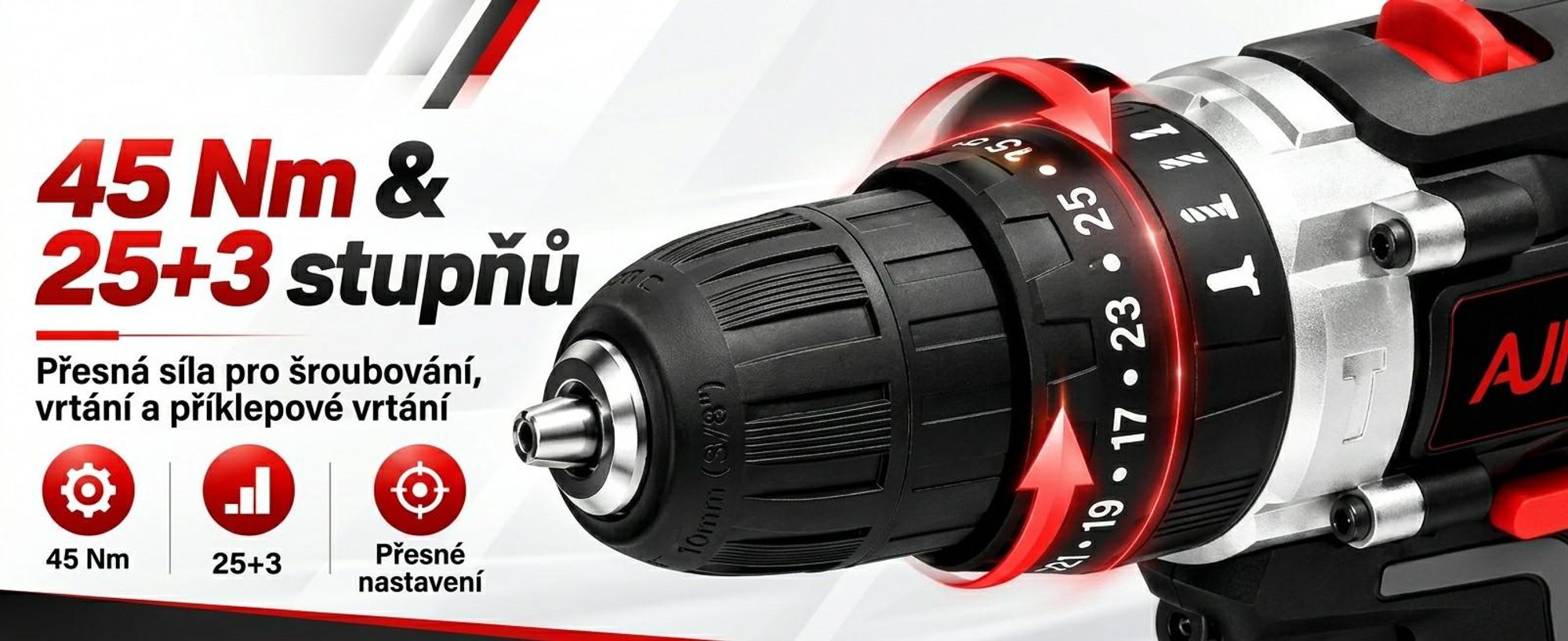 AJIEQAQ Aku šroubovák 21V Set, 3v1 aku příklepová vrtačka se 2×2,0Ah bateriemi, 45Nm, LED světlem, příslušenstvím a kufrem
