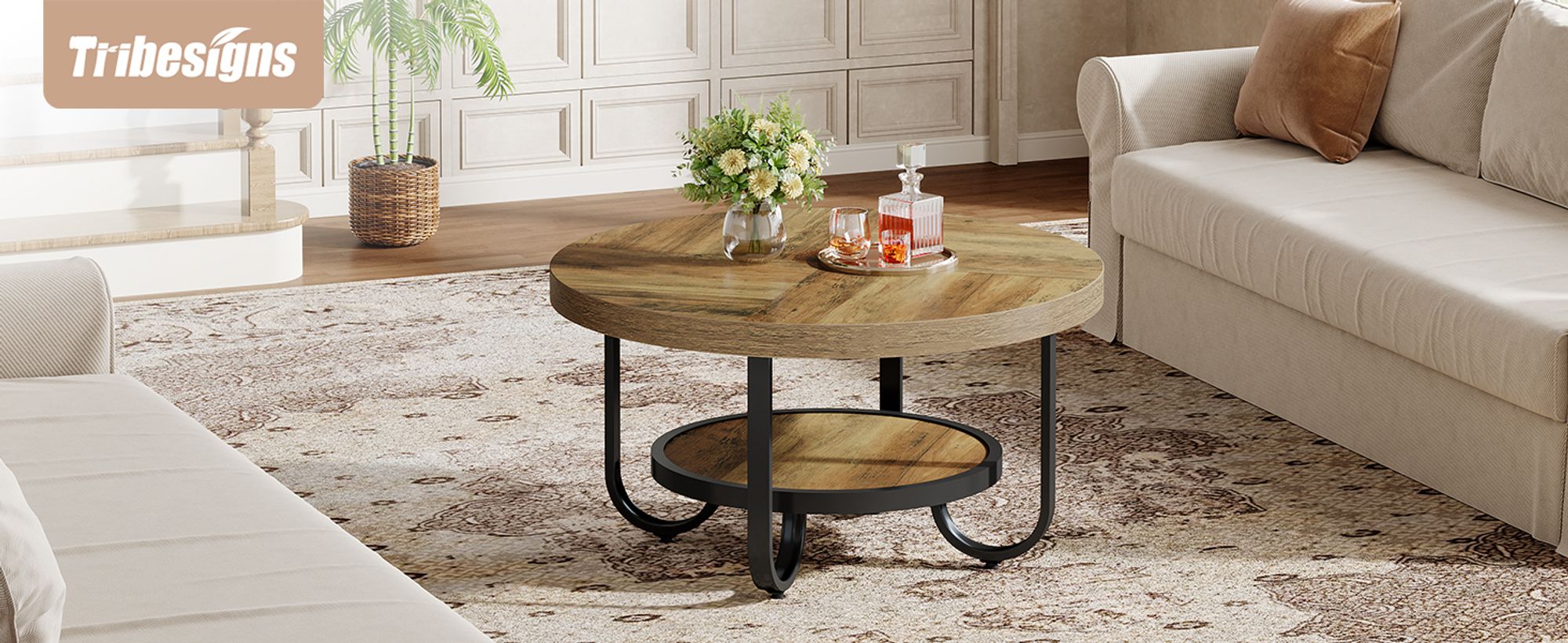 Tribesigns Runder Couchtisch, Industrial 2-stöckiger Sofatisch mit Lagerung Regale, 79 cm Mitte Tisch Sofa Beistelltisch mit gebogenen Metallbeinen